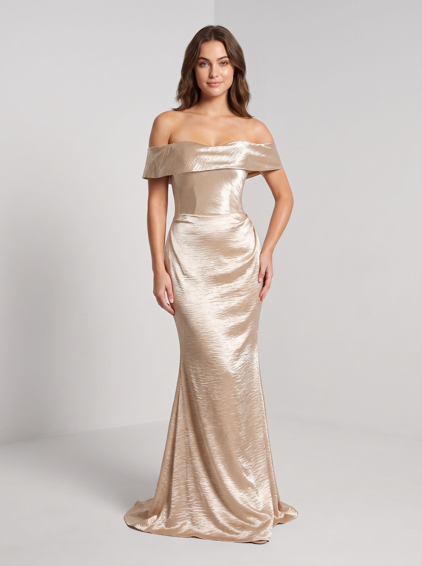 Champagne Satin A-Line Off-the-Shoulder Back Zip Floor-Length Dress with a Draped Bodice