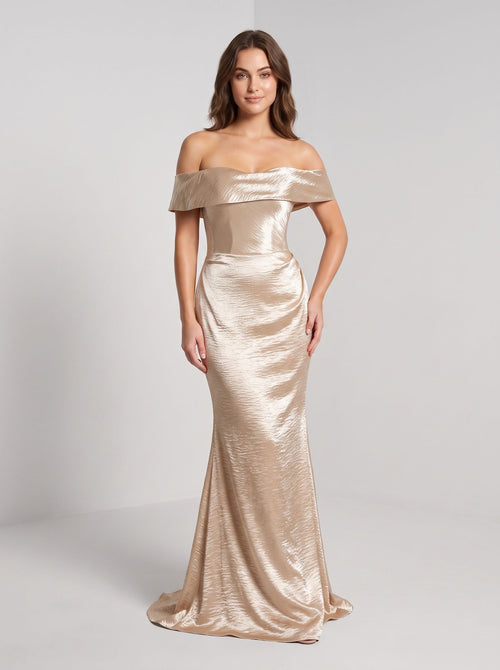 Champagne Satin A-Line Off-the-Shoulder Back Zip Floor-Length Dress with a Draped Bodice