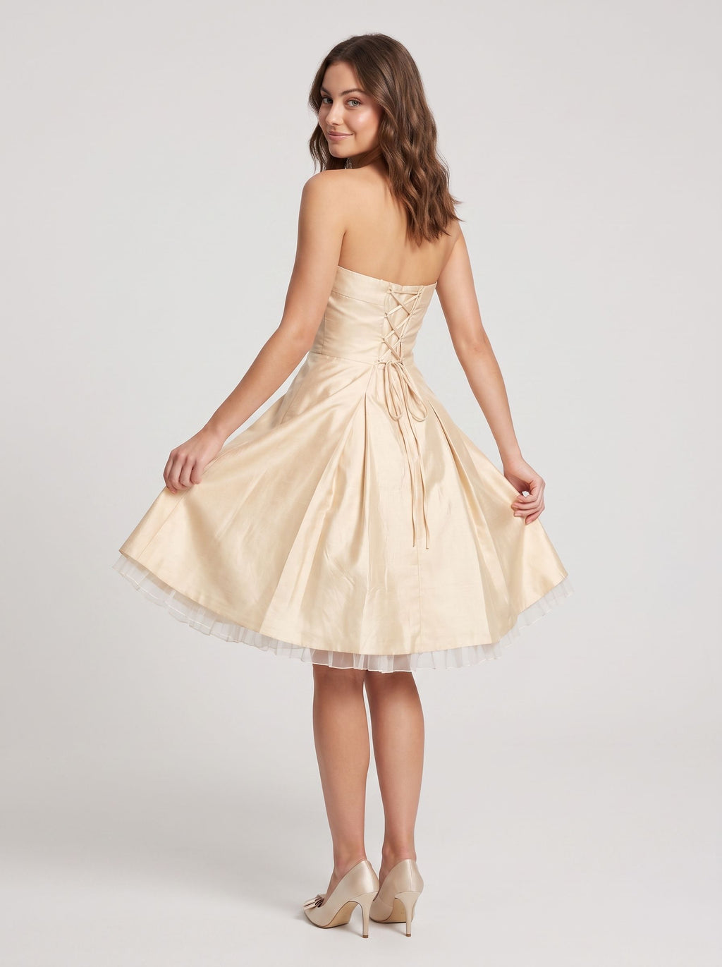 Champagne Satin A-Line Straight Neck Criss-Cross Straps Short Dress with Pleating