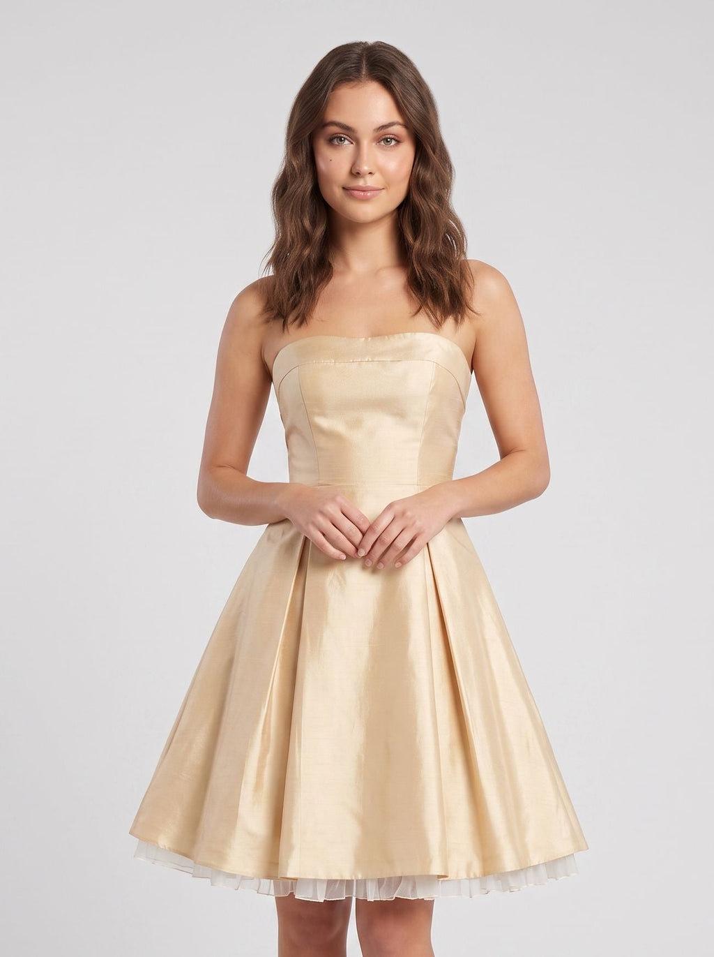 Champagne Satin A-Line Straight Neck Criss-Cross Straps Short Dress with Pleating