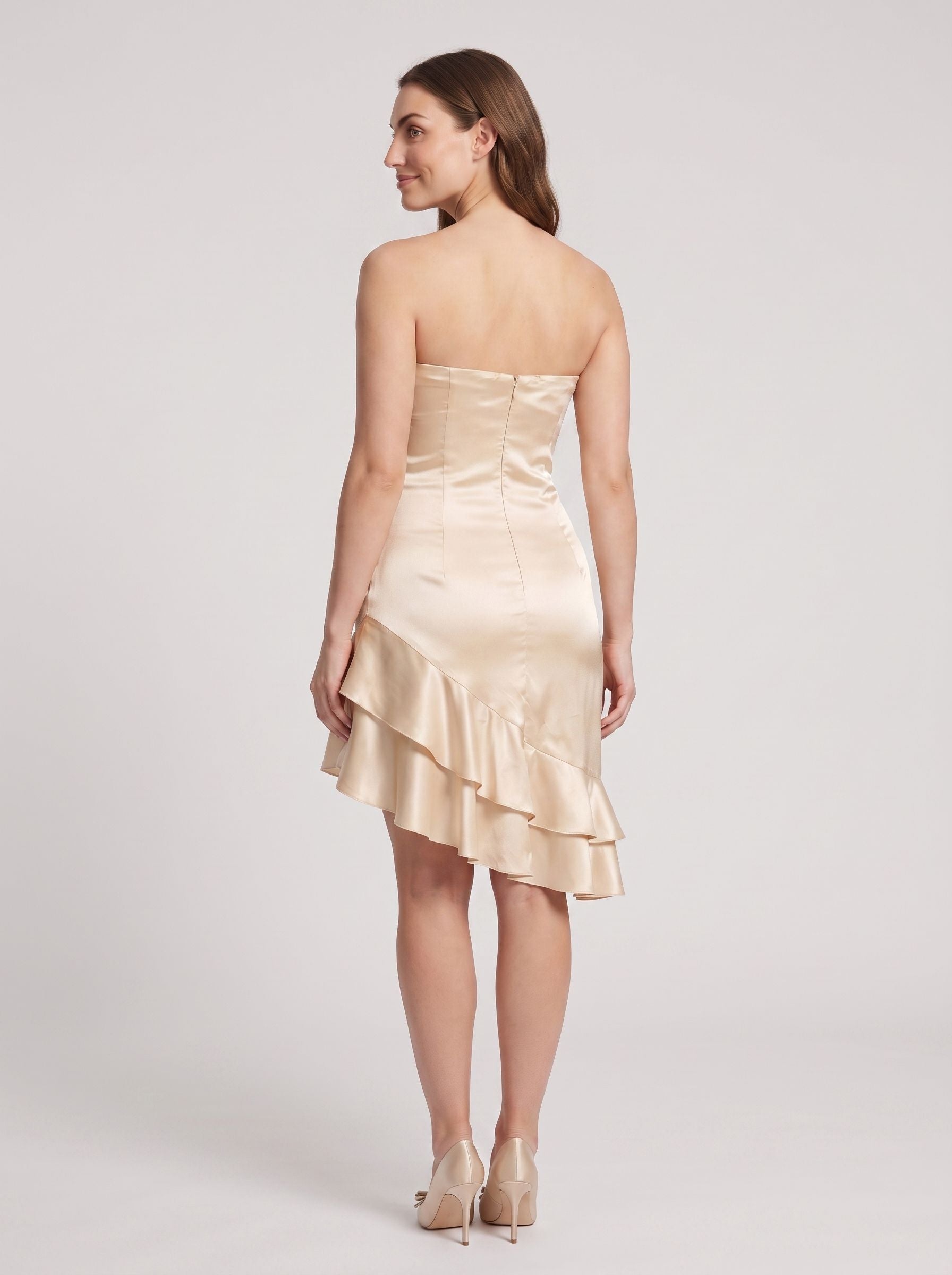 Champagne Satin A-Line Straight Neck Back Zip Short Dress with Cascading Ruffles
