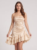 Champagne Satin A-Line Straight Neck Back Zip Short Dress with Cascading Ruffles