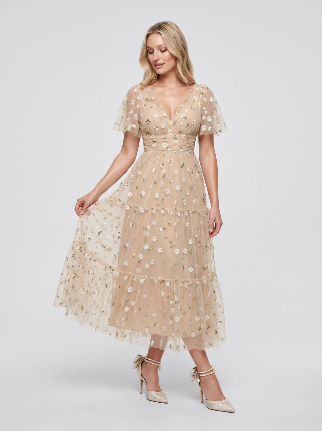 Champagne Satin A-Line V-Neck Back Zip Tea-Length Dress with Short Sleeves