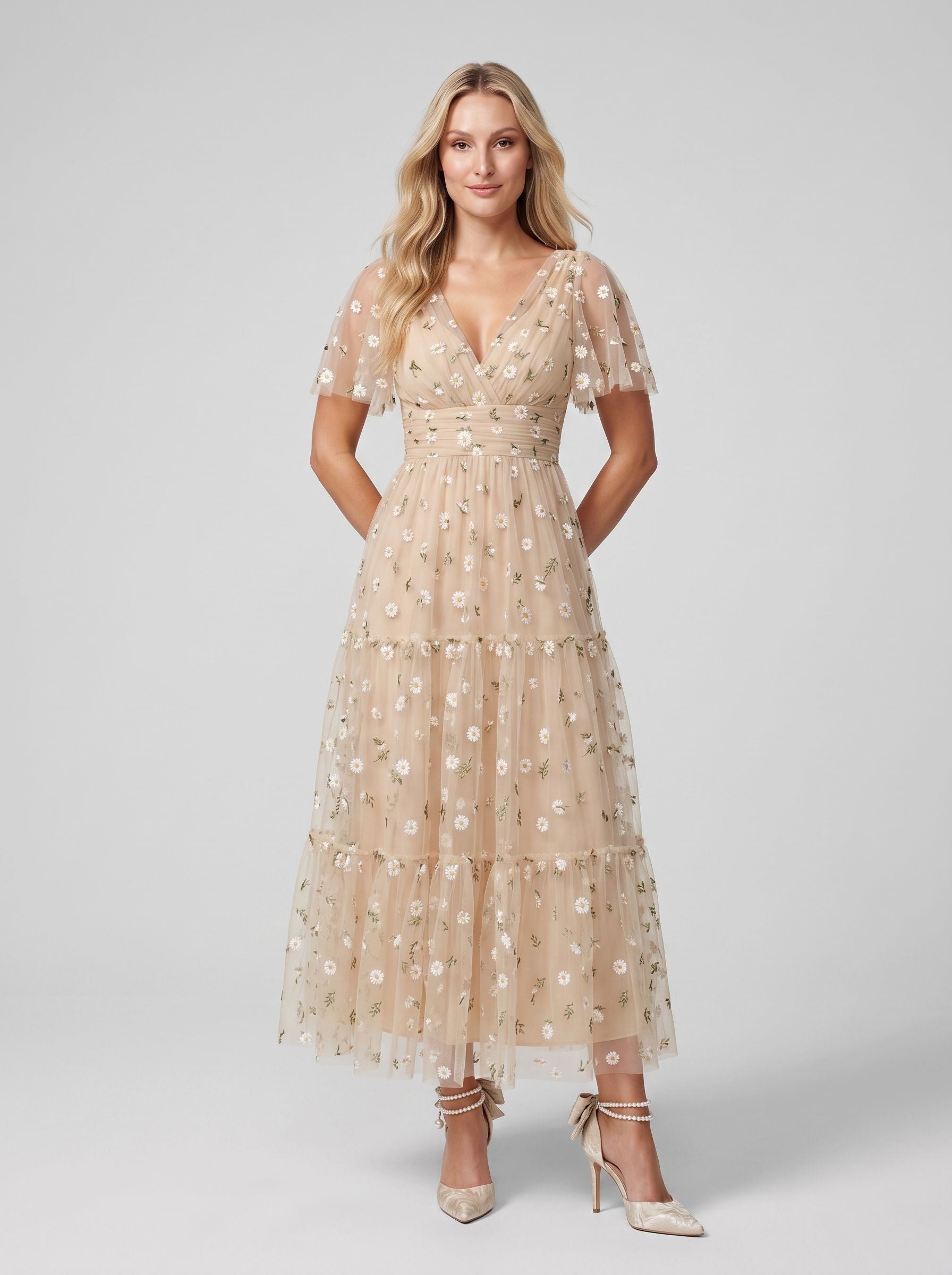 Champagne Satin A-Line V-Neck Back Zip Tea-Length Dress with Short Sleeves