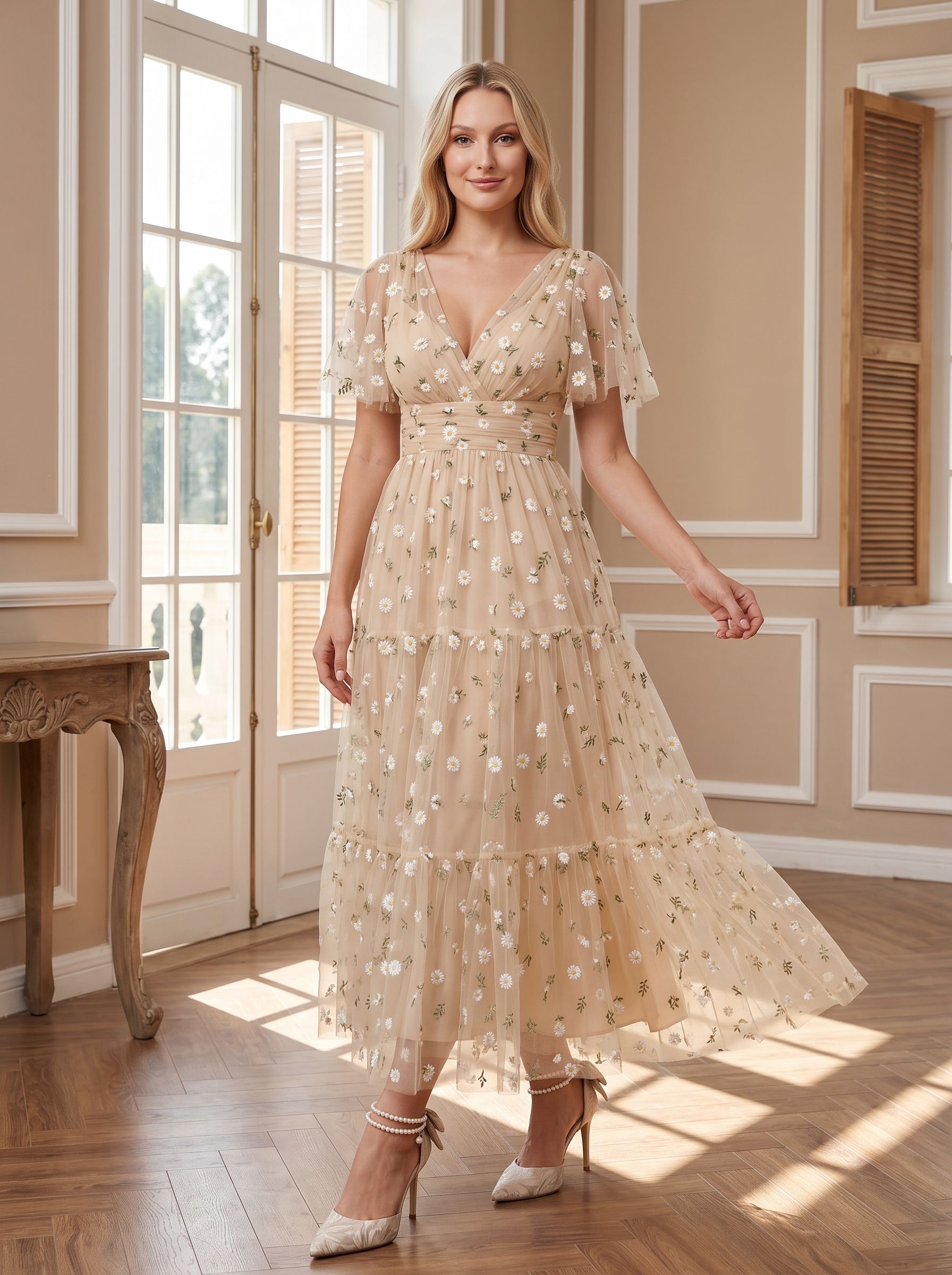 Champagne Satin A-Line V-Neck Back Zip Tea-Length Dress with Short Sleeves