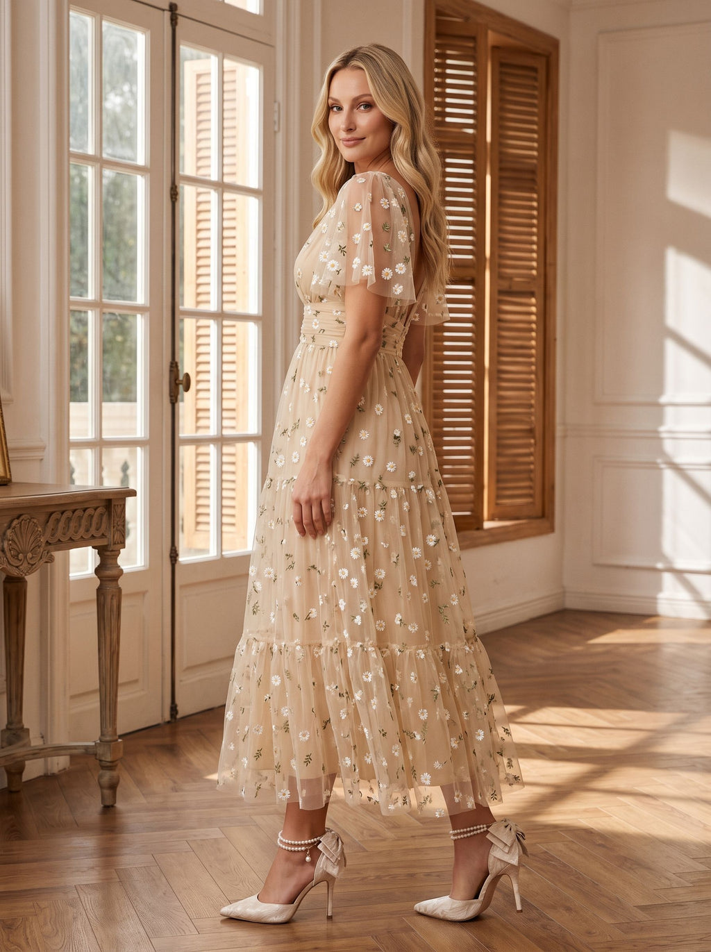 Champagne Satin A-Line V-Neck Back Zip Tea-Length Dress with Short Sleeves