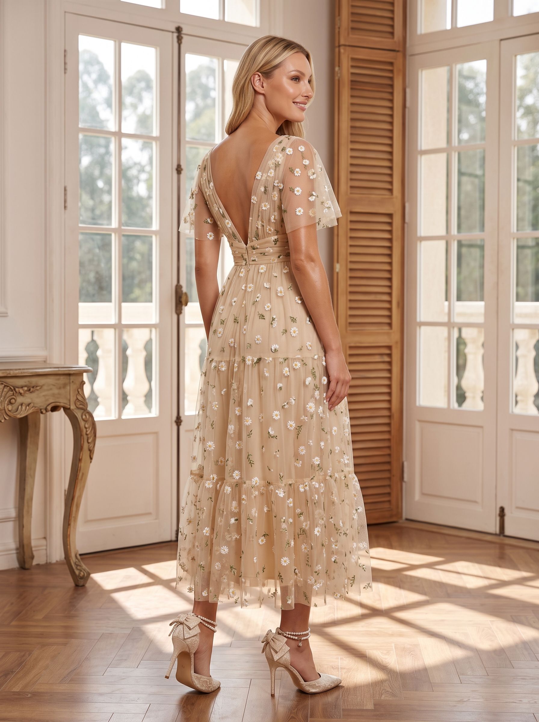 Champagne Satin A-Line V-Neck Back Zip Tea-Length Dress with Short Sleeves