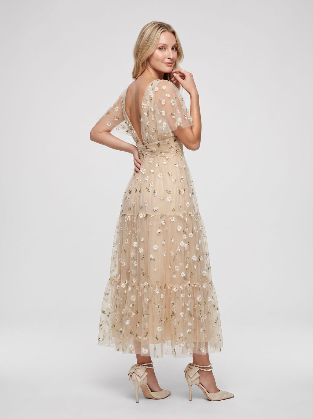 Champagne Satin A-Line V-Neck Back Zip Tea-Length Dress with Short Sleeves