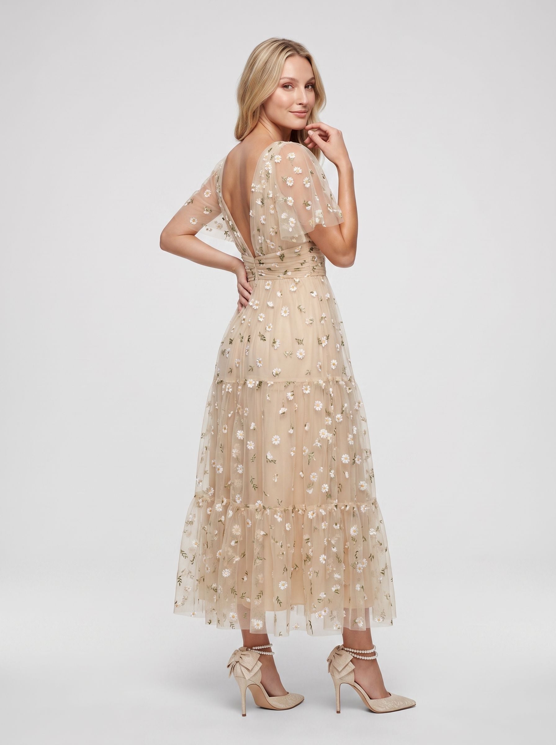 Champagne Satin A-Line V-Neck Back Zip Tea-Length Dress with Short Sleeves