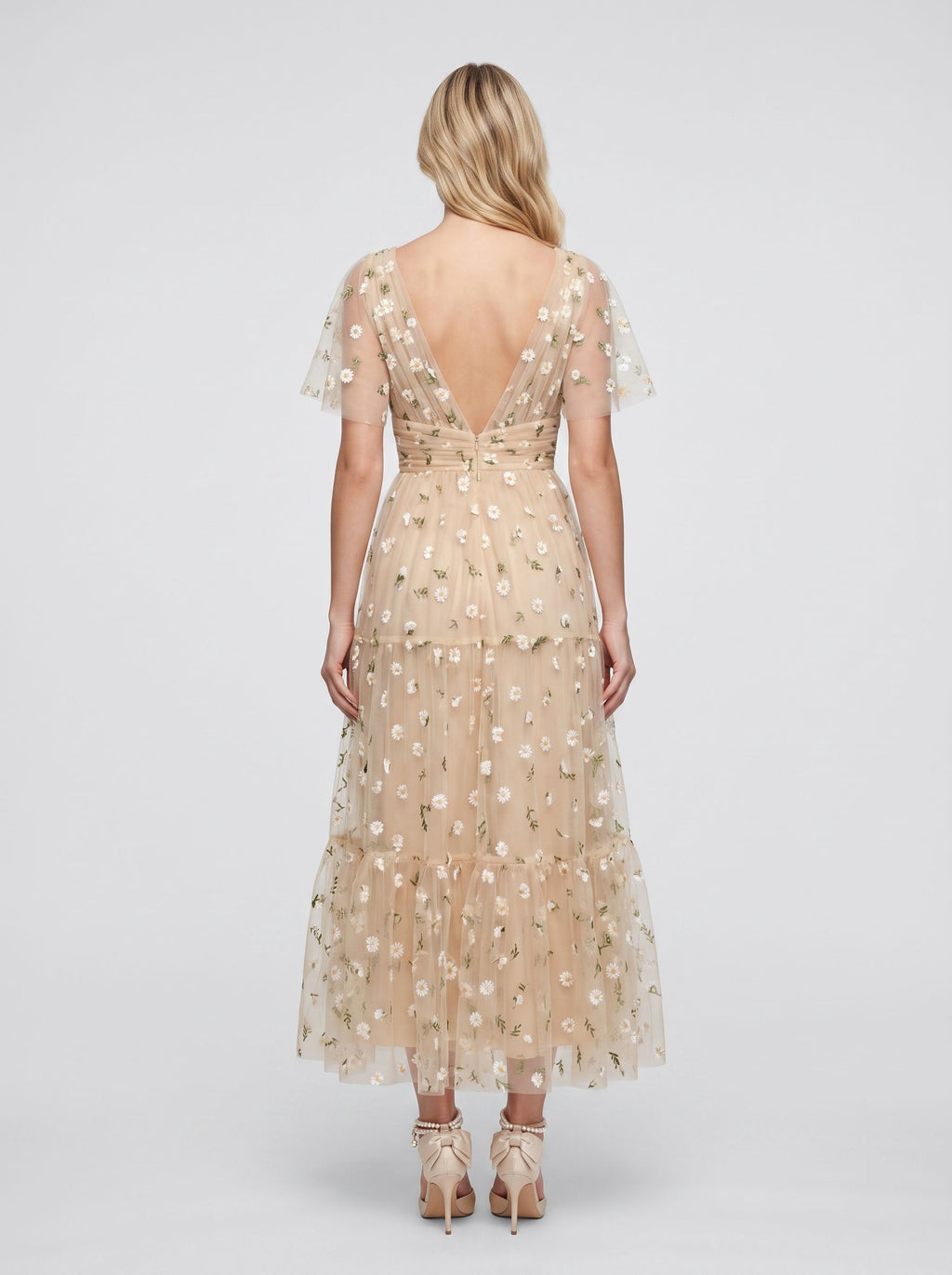Champagne Satin A-Line V-Neck Back Zip Tea-Length Dress with Short Sleeves