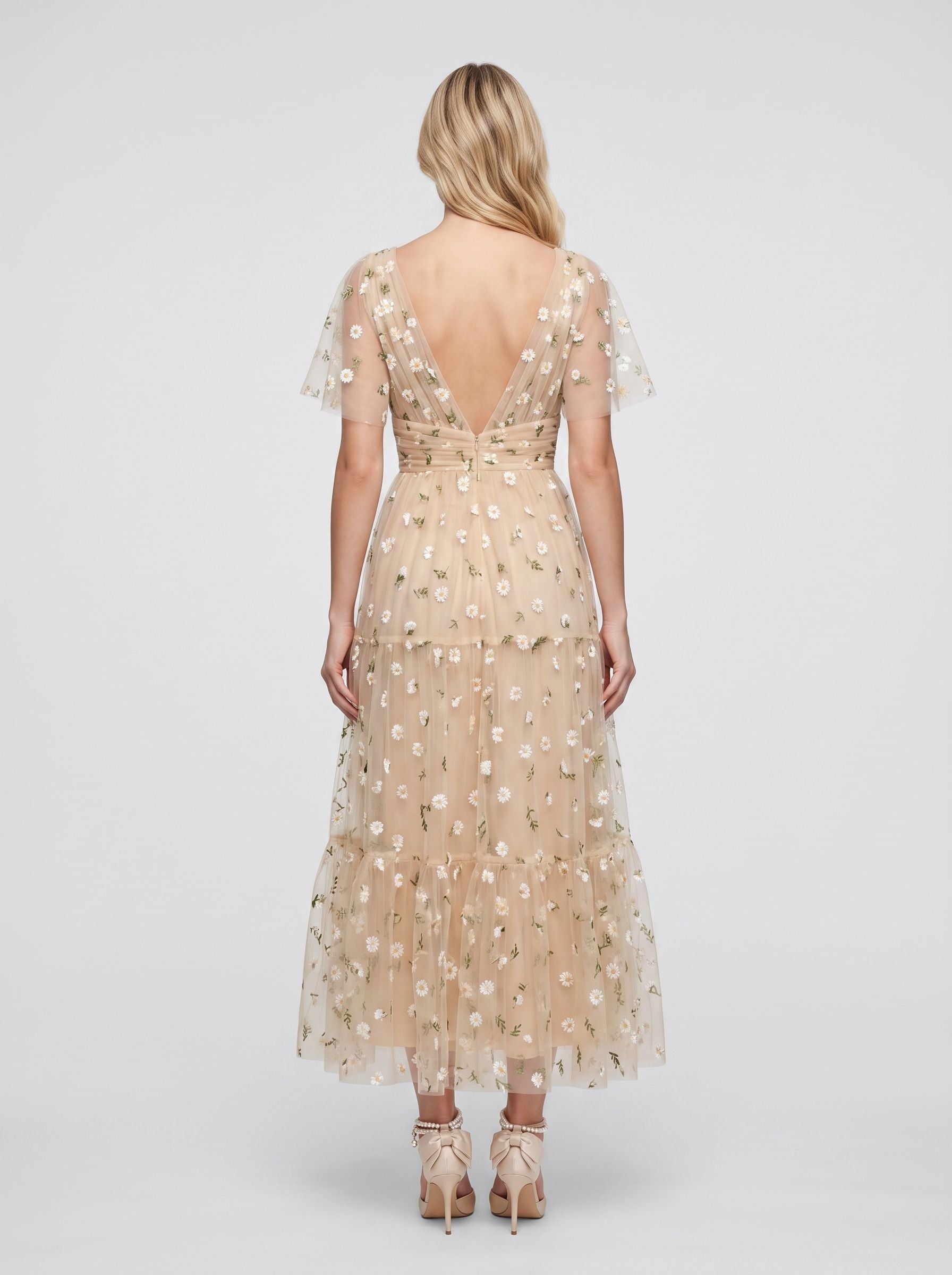 Champagne Satin A-Line V-Neck Back Zip Tea-Length Dress with Short Sleeves