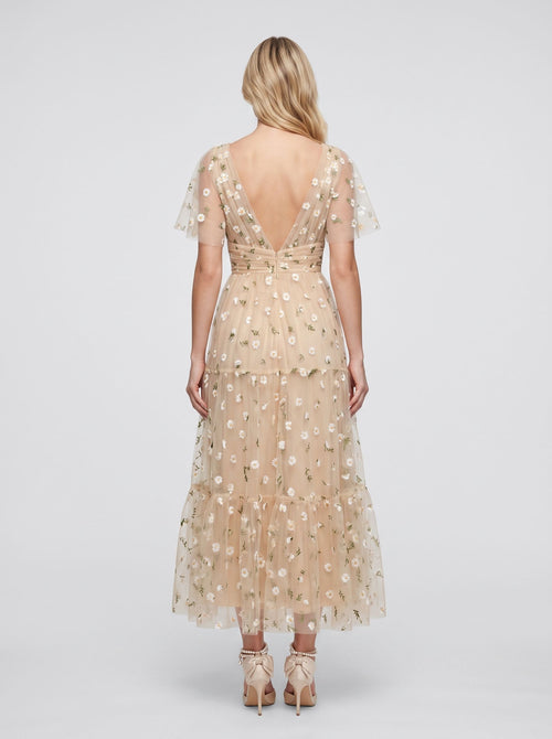 Champagne Satin A-Line V-Neck Back Zip Tea-Length Dress with Short Sleeves