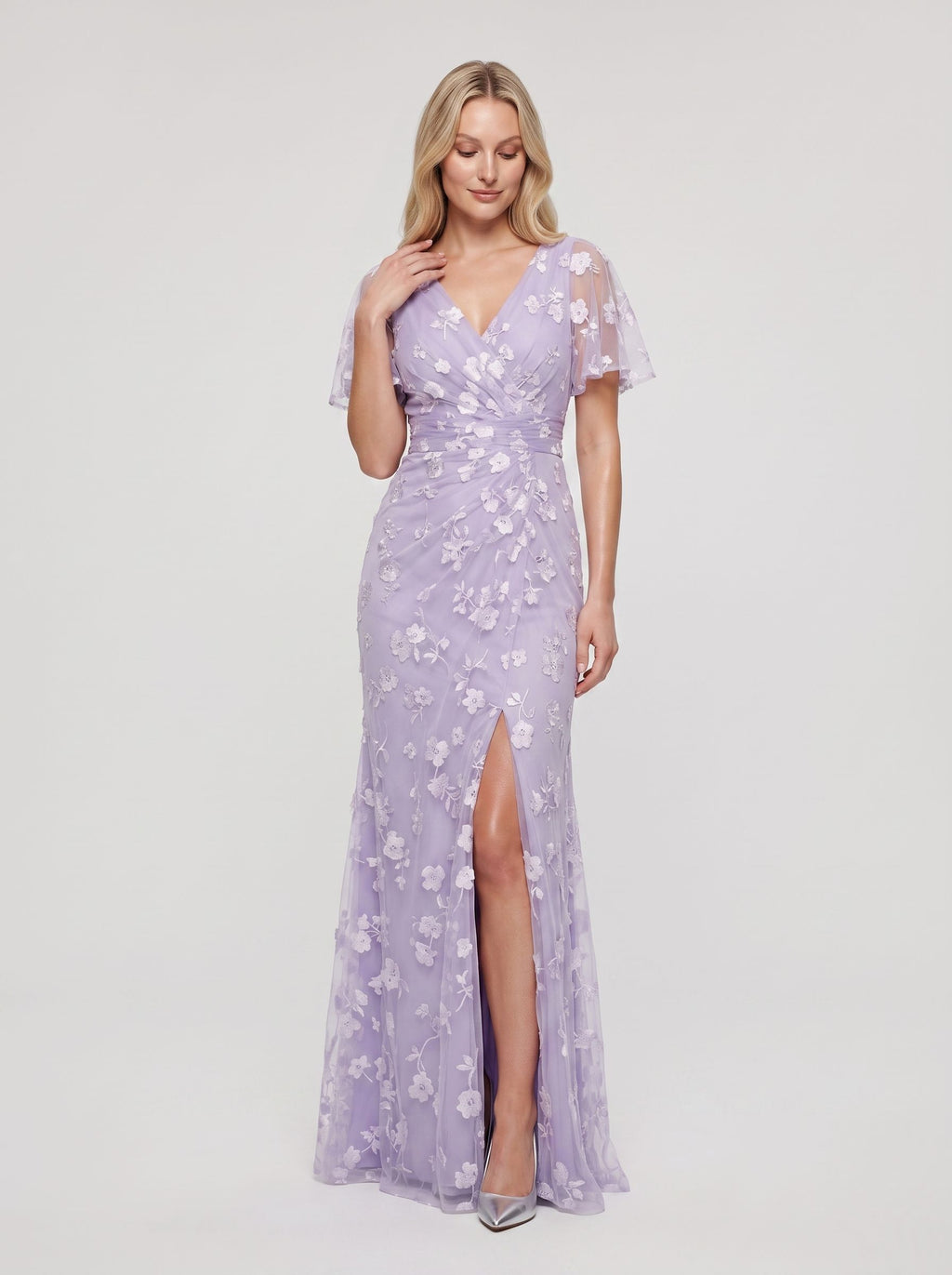 Lilac Tulle Mermaid V-Neck Back Zip Floor-Length Dress with Ruching