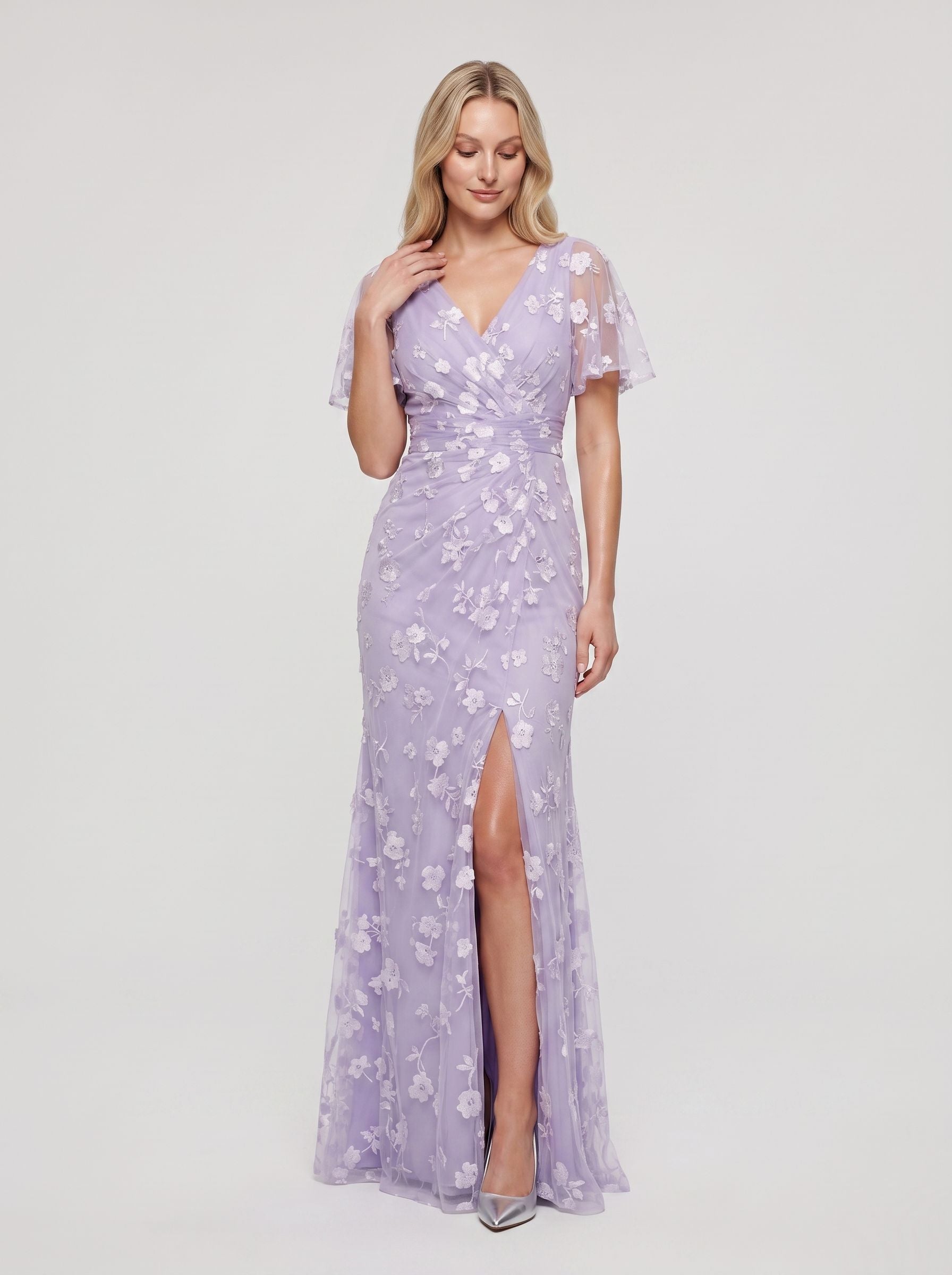 Lilac Tulle Mermaid V-Neck Back Zip Floor-Length Dress with Ruching