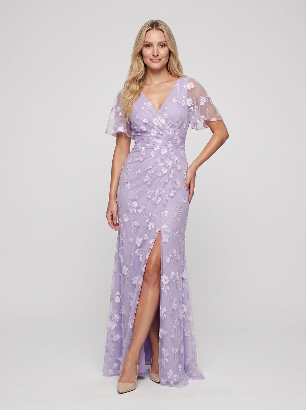 Lilac Tulle Mermaid V-Neck Back Zip Floor-Length Dress with Ruching