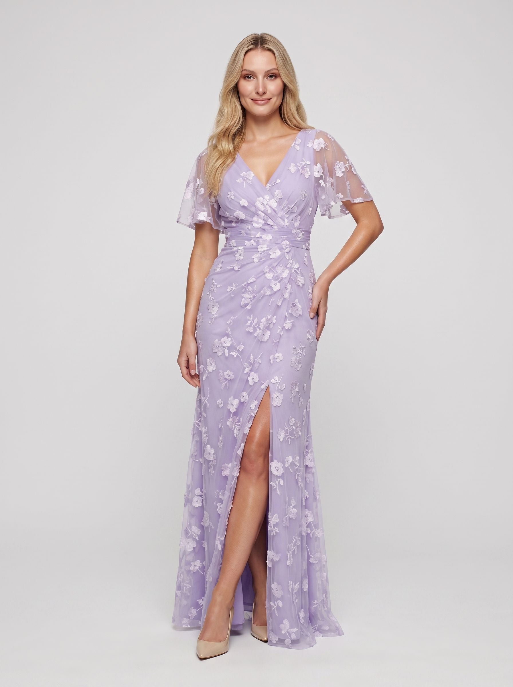 Lilac Tulle Mermaid V-Neck Back Zip Floor-Length Dress with Ruching
