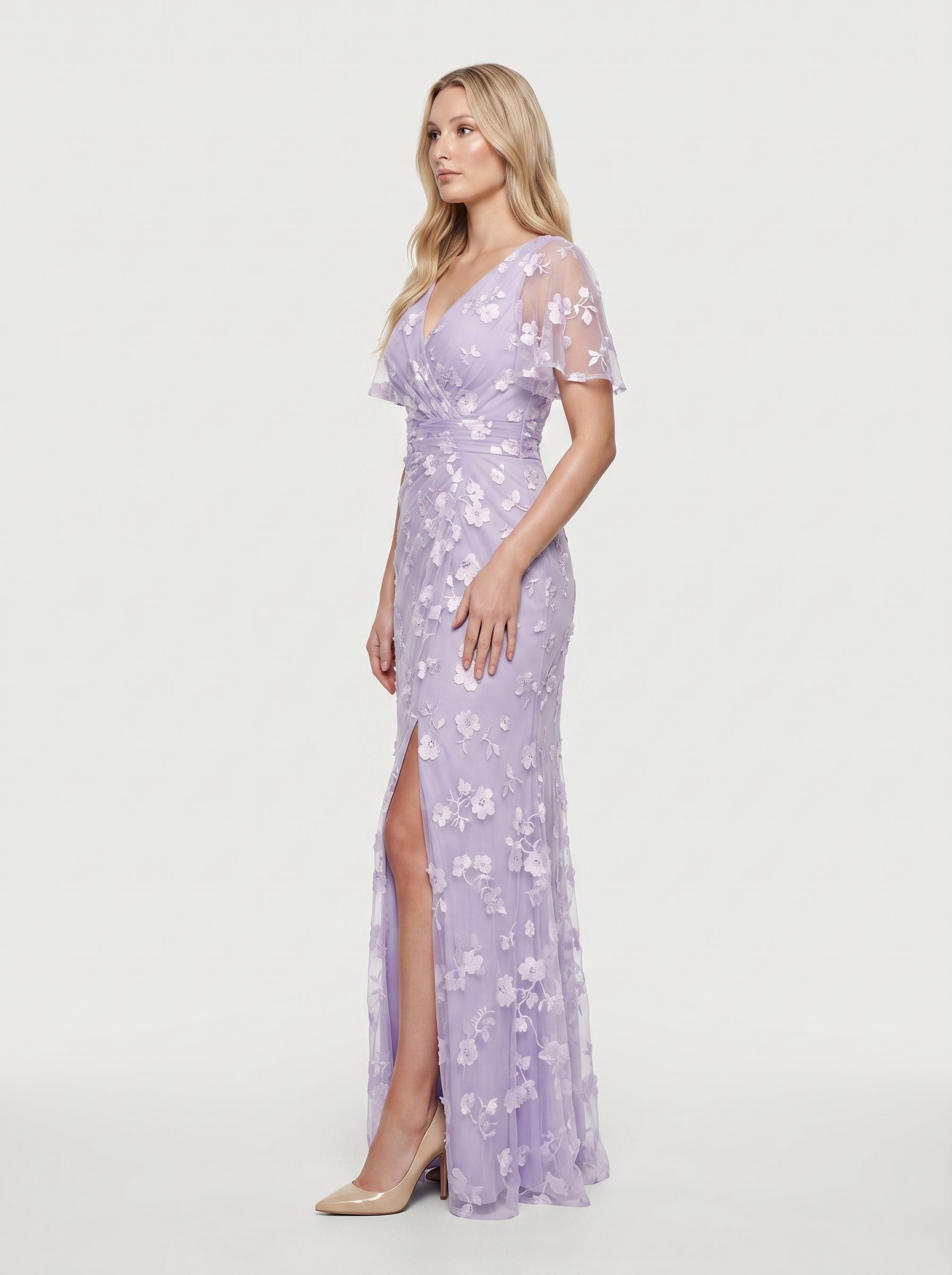 Lilac Tulle Mermaid V-Neck Back Zip Floor-Length Dress with Ruching