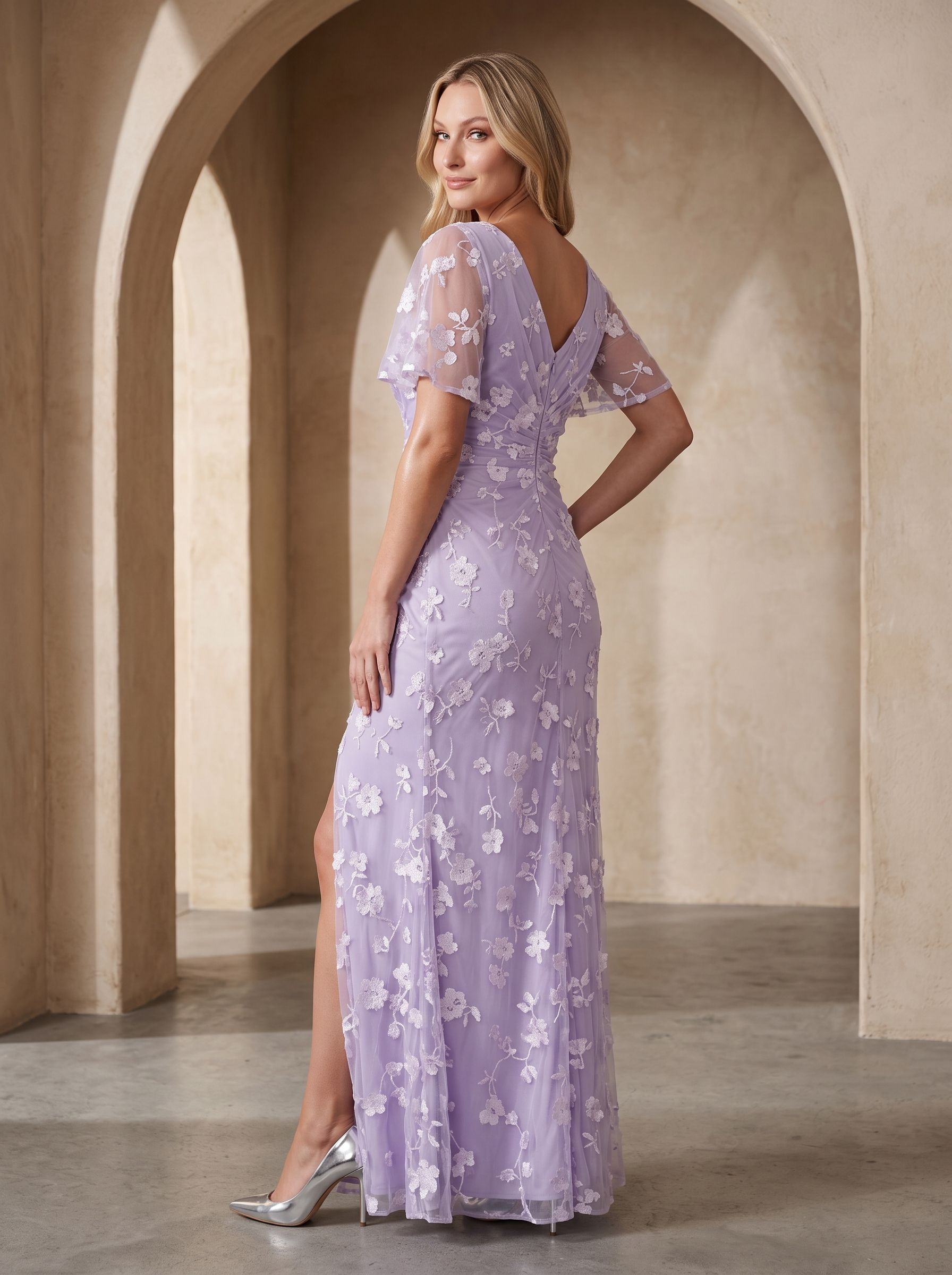 Lilac Tulle Mermaid V-Neck Back Zip Floor-Length Dress with Ruching