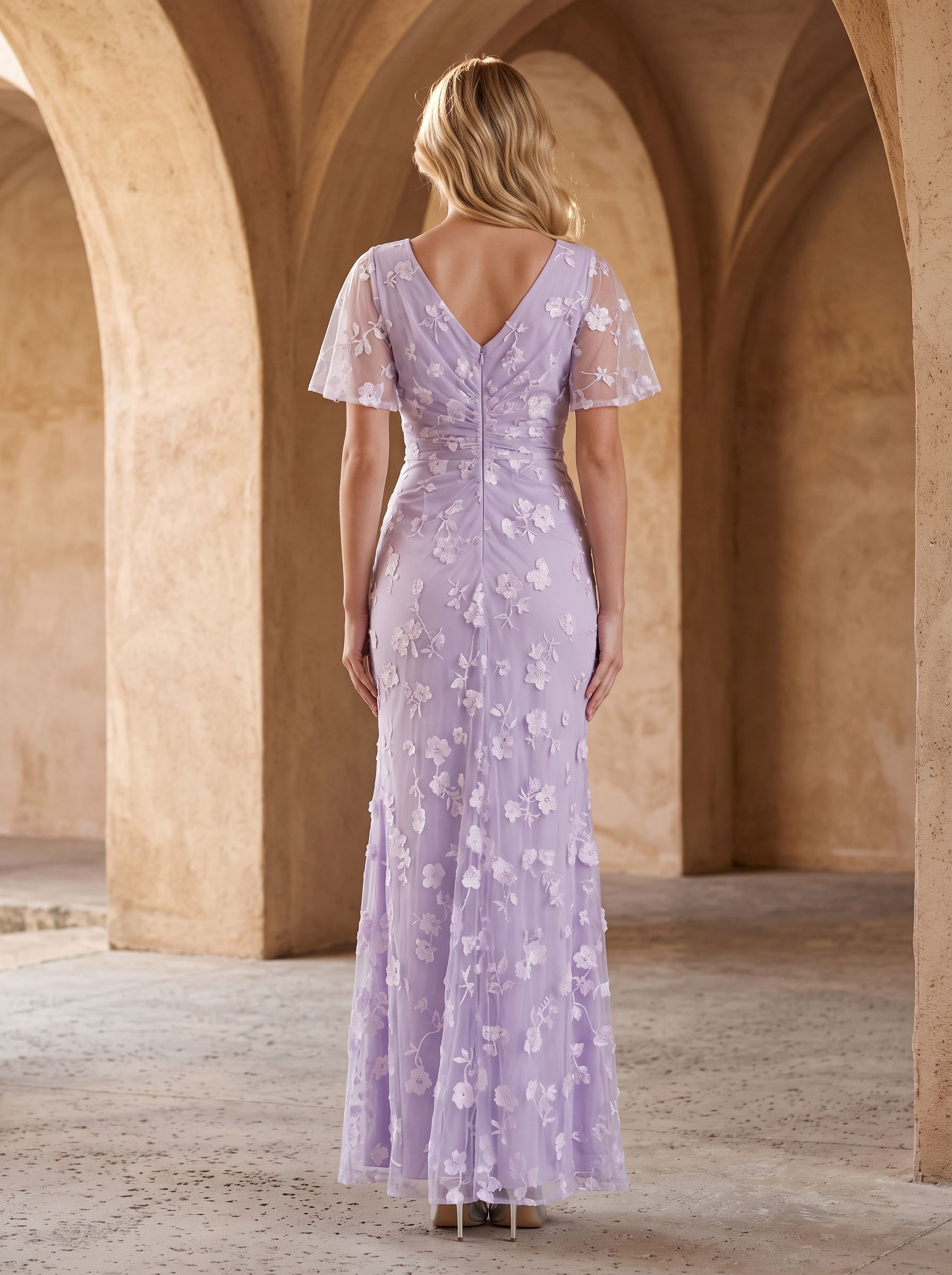Lilac Tulle Mermaid V-Neck Back Zip Floor-Length Dress with Ruching