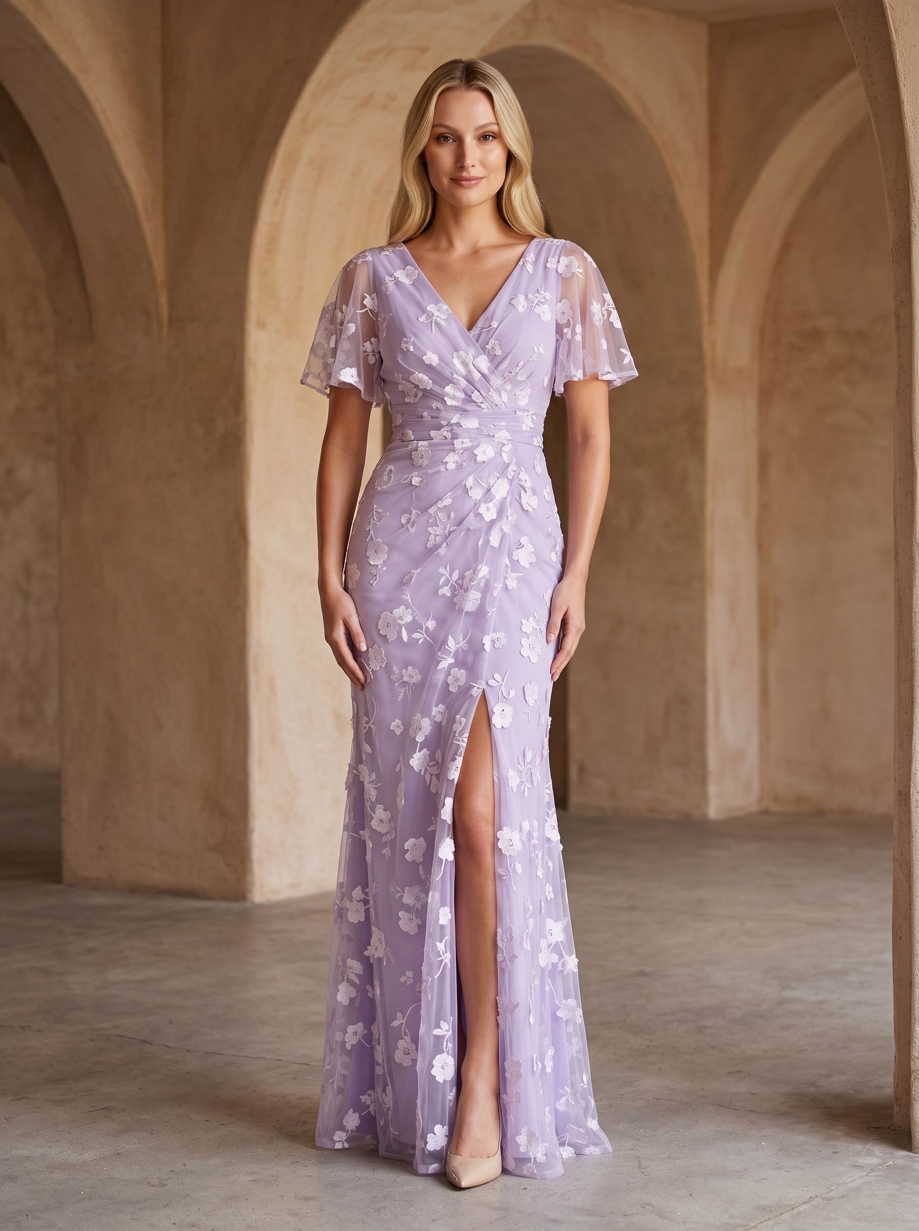 Lilac Tulle Mermaid V-Neck Back Zip Floor-Length Dress with Ruching