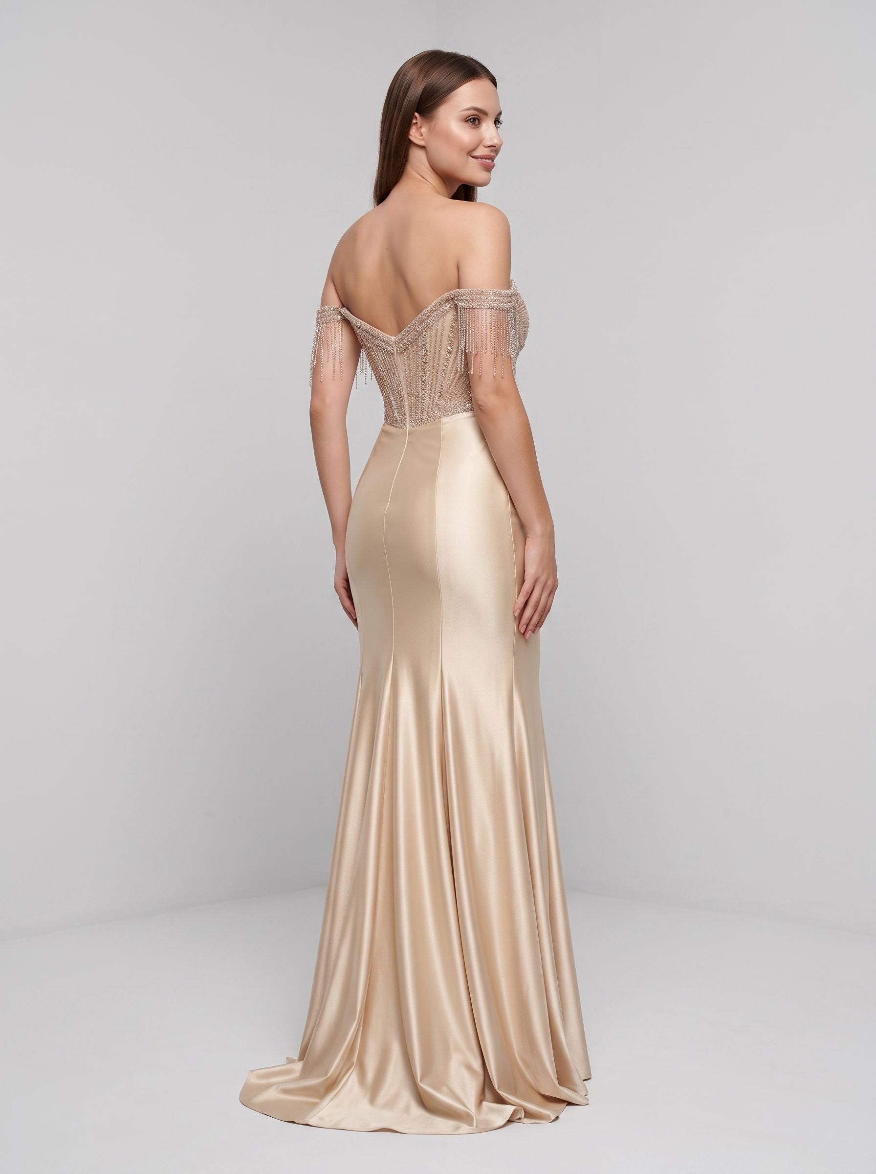 Champagne Satin Mermaid Off-the-Shoulder Illusion Floor-Length Dress with Beaded Fringe Bodice