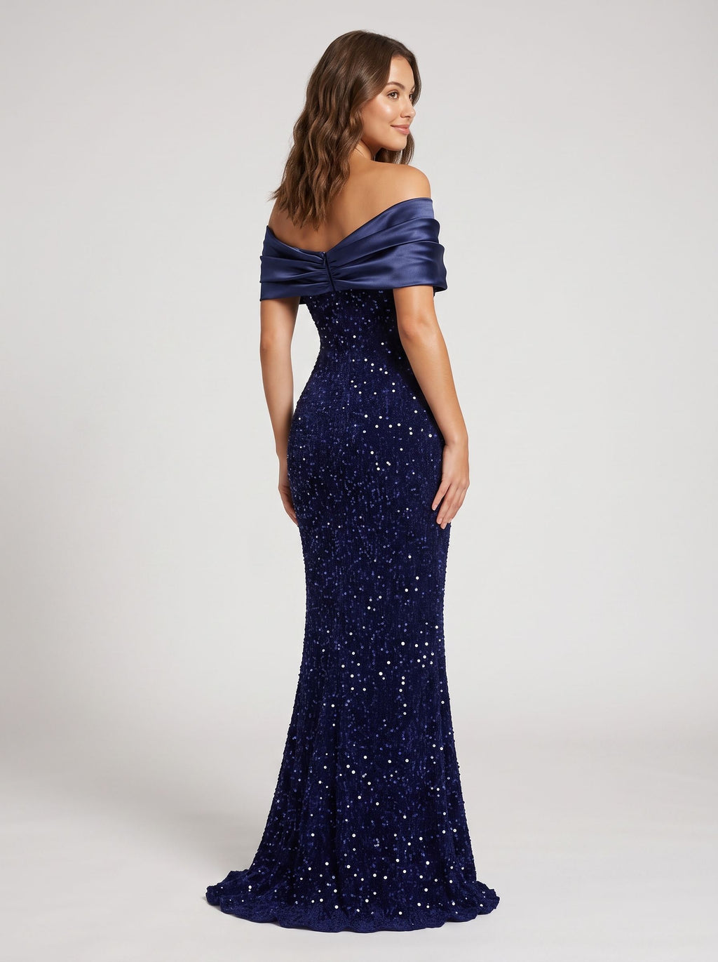 Dark Navy Satin Mermaid Off-the-Shoulder Back Zip Floor-Length Dress with Glittering Bow Accent