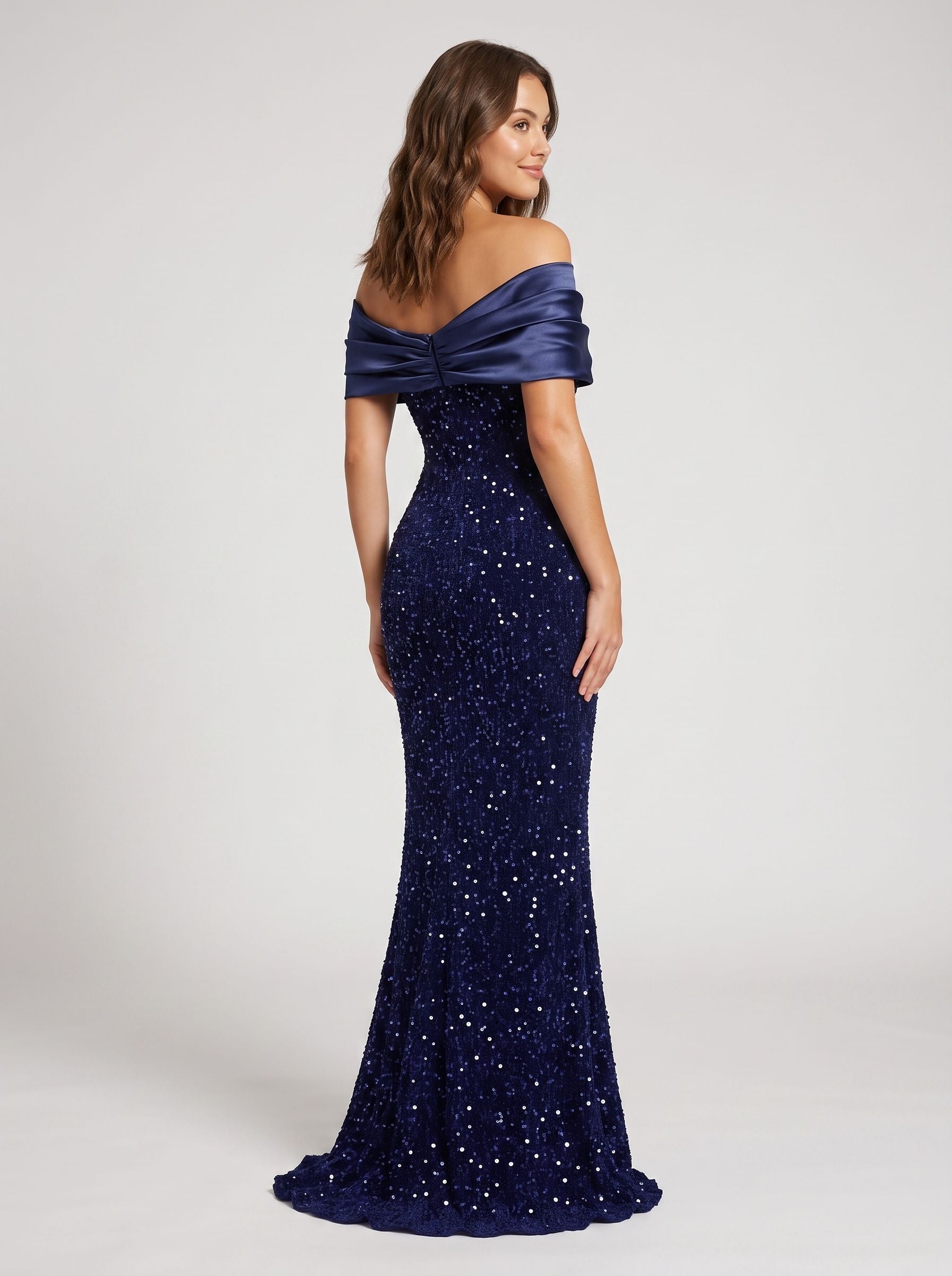 Dark Navy Satin Mermaid Off-the-Shoulder Back Zip Floor-Length Dress with Glittering Bow Accent