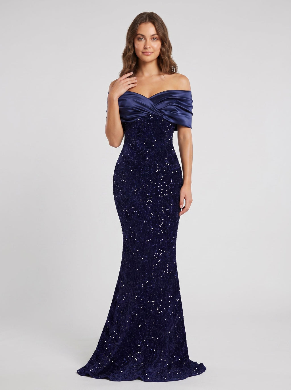 Dark Navy Satin Mermaid Off-the-Shoulder Back Zip Floor-Length Dress with Glittering Bow Accent