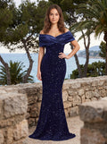 Dark Navy Satin Mermaid Off-the-Shoulder Back Zip Floor-Length Dress with Glittering Bow Accent