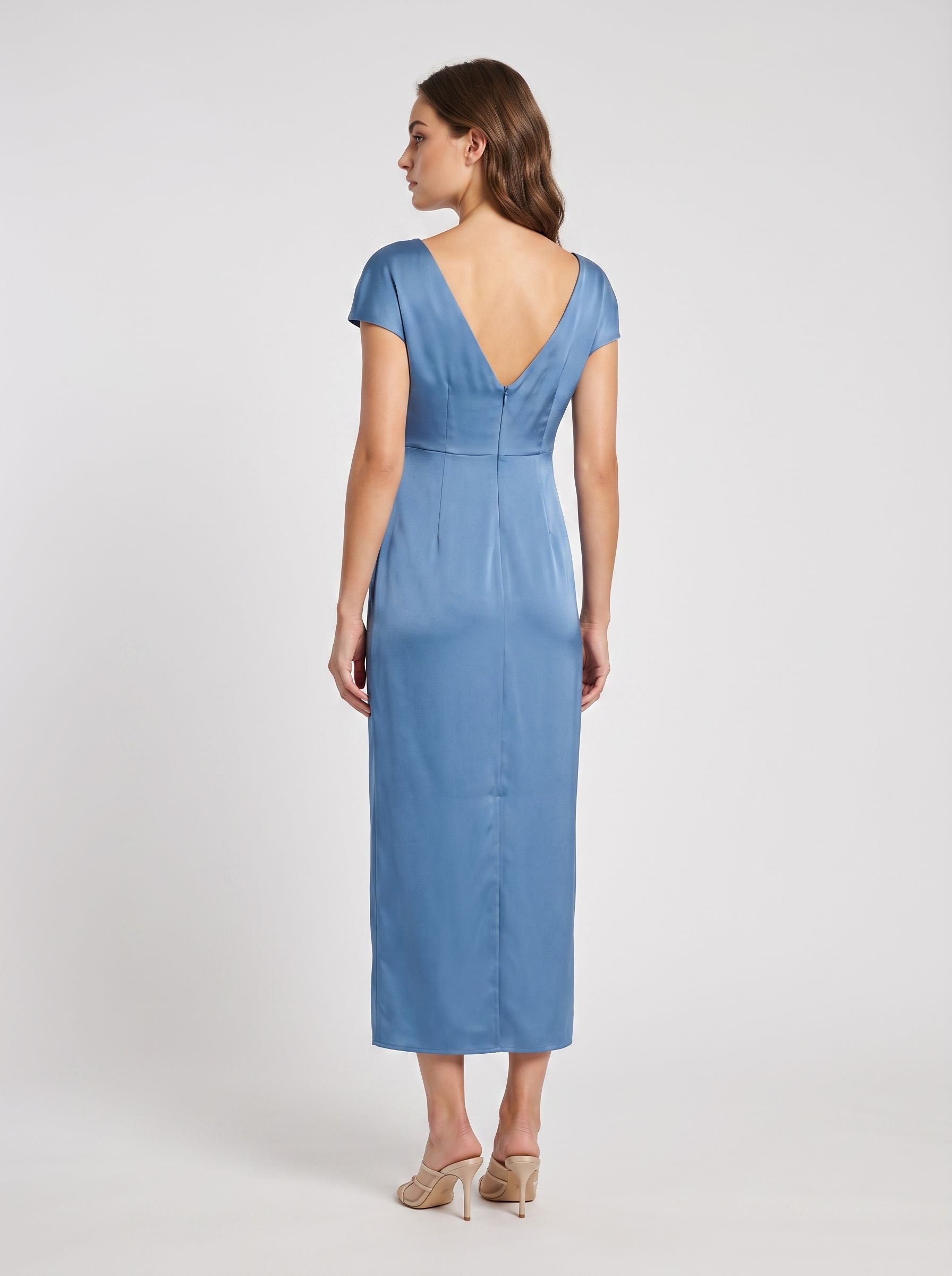 Steel Blue Satin column Scoop Neck V-Back Tea-Length with Draped Bodice