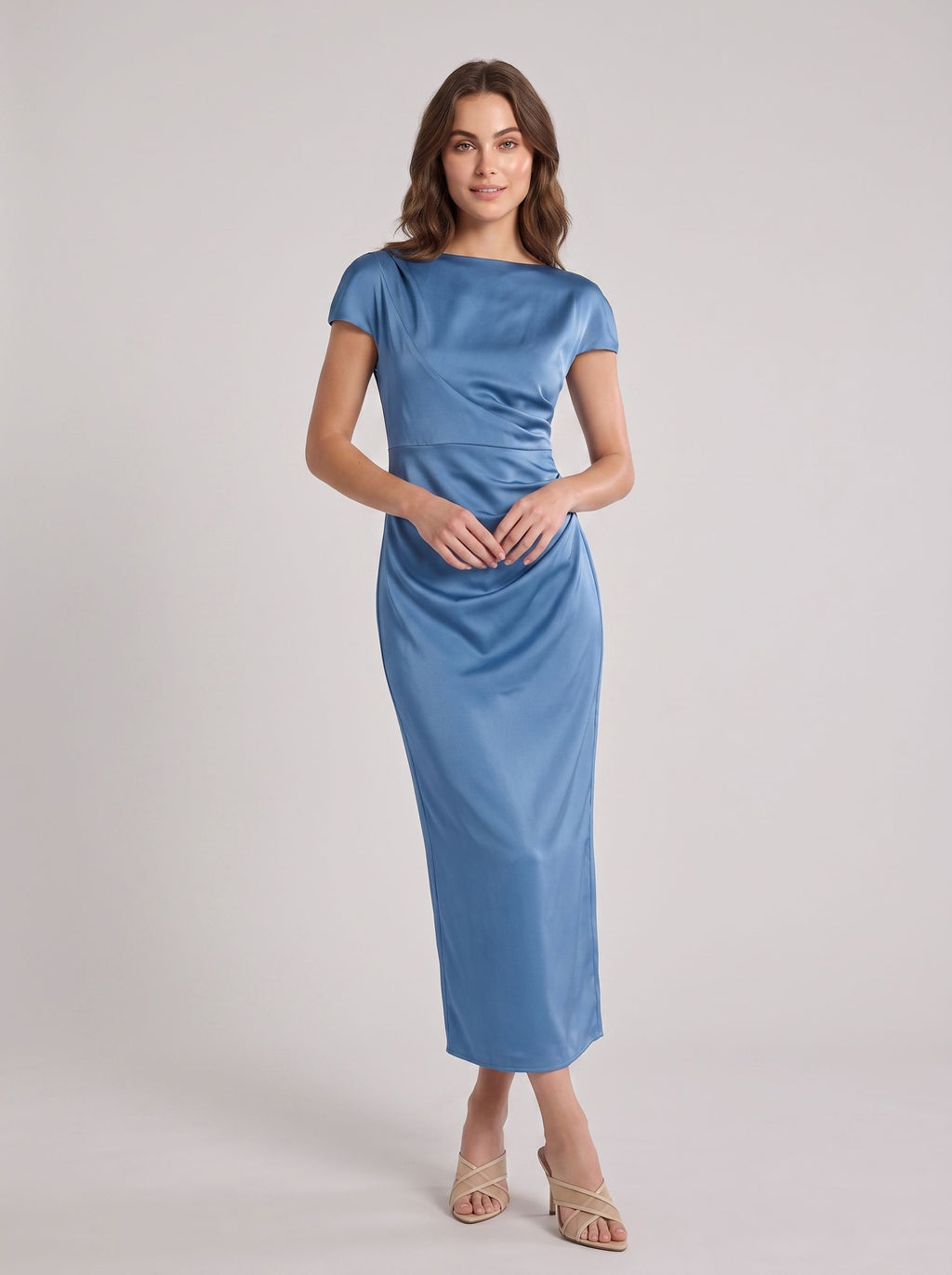 Steel Blue Satin column Scoop Neck V-Back Tea-Length with Draped Bodice