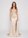 Champagne Satin Sheath Straight Neck Lace-up Floor-Length Dress with Beading