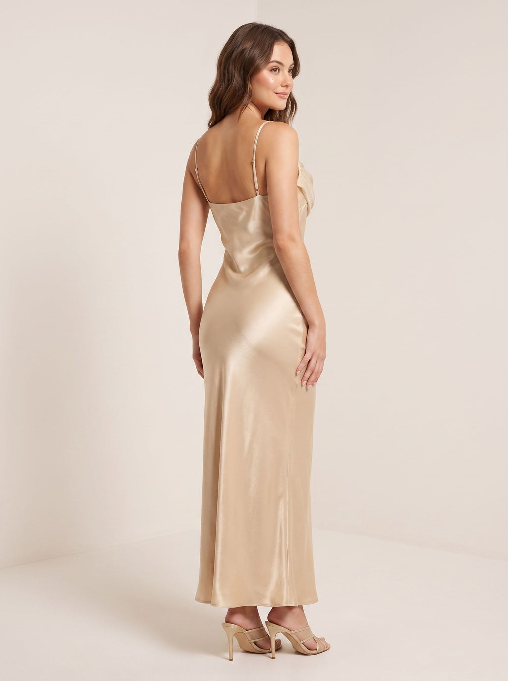 Champagne Satin Sheath Straight Neck Back Zip Floor-Length Dress with Pleated bodice