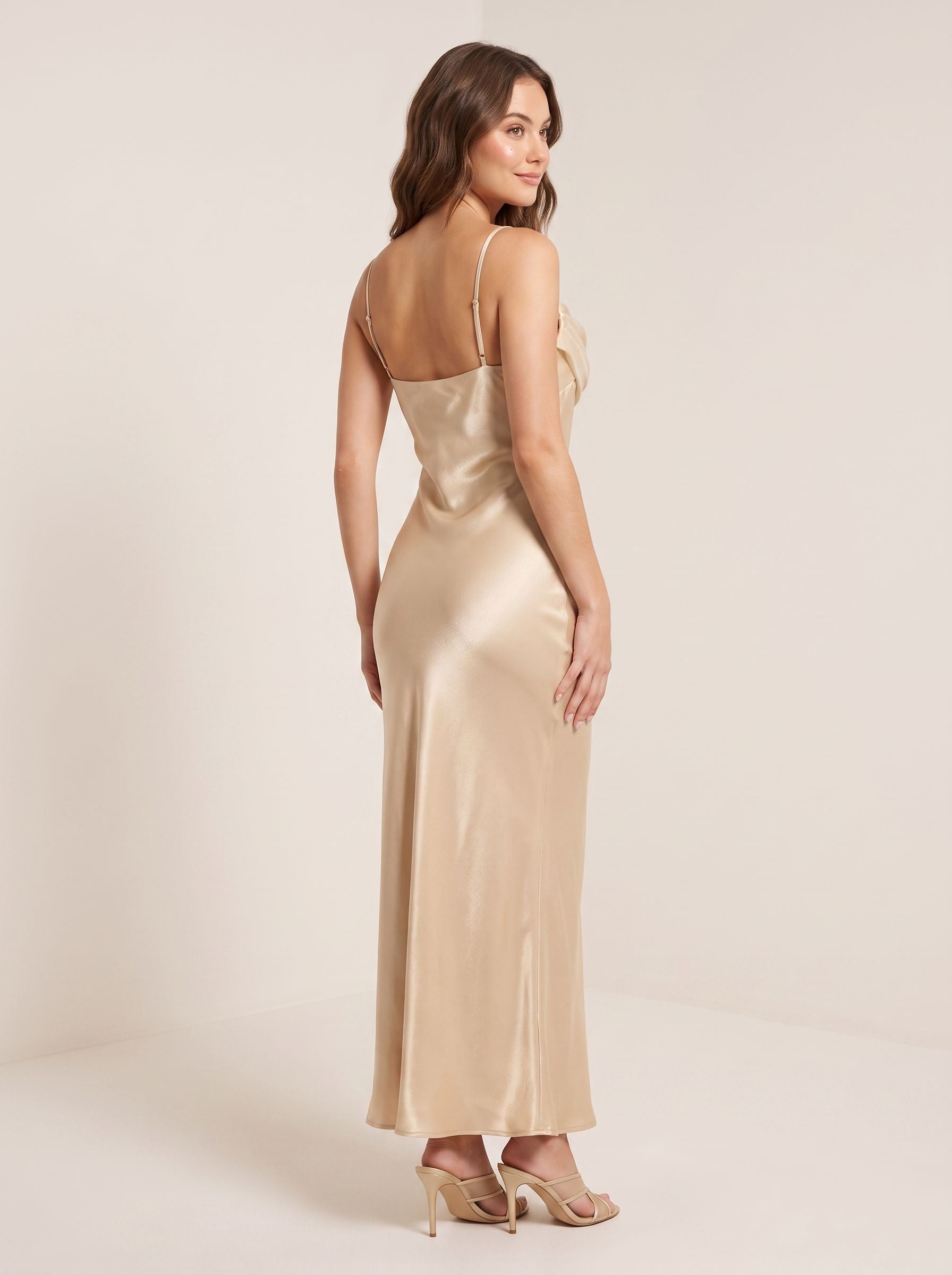 Champagne Satin Sheath Straight Neck Back Zip Floor-Length Dress with Pleated bodice
