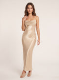 Champagne Satin Sheath Straight Neck Back Zip Floor-Length Dress with Pleated bodice