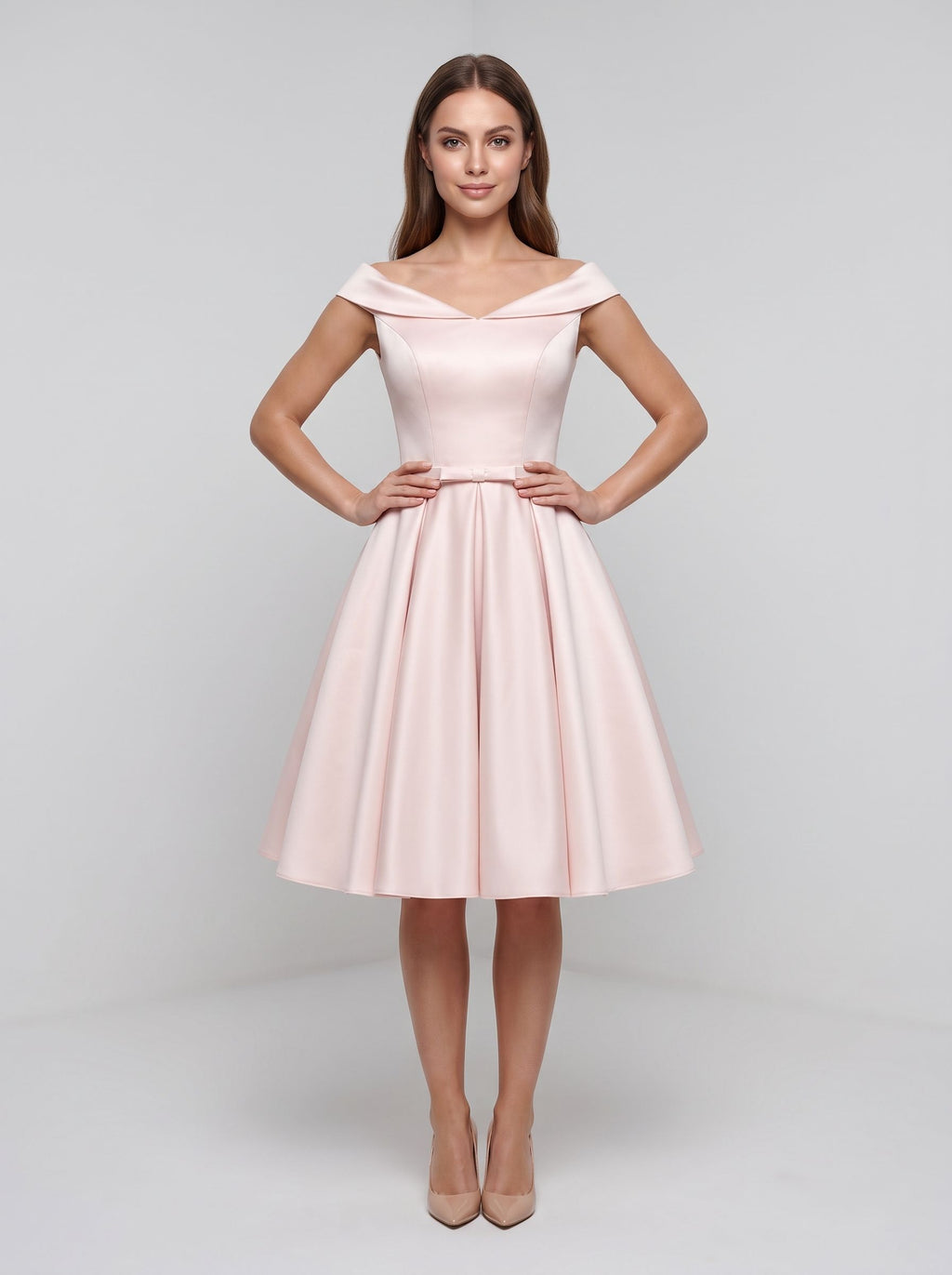 Blushing Pink Satin A-Line V-Neck Lace-up short Dress with Pleated Skirt with Side Pockets