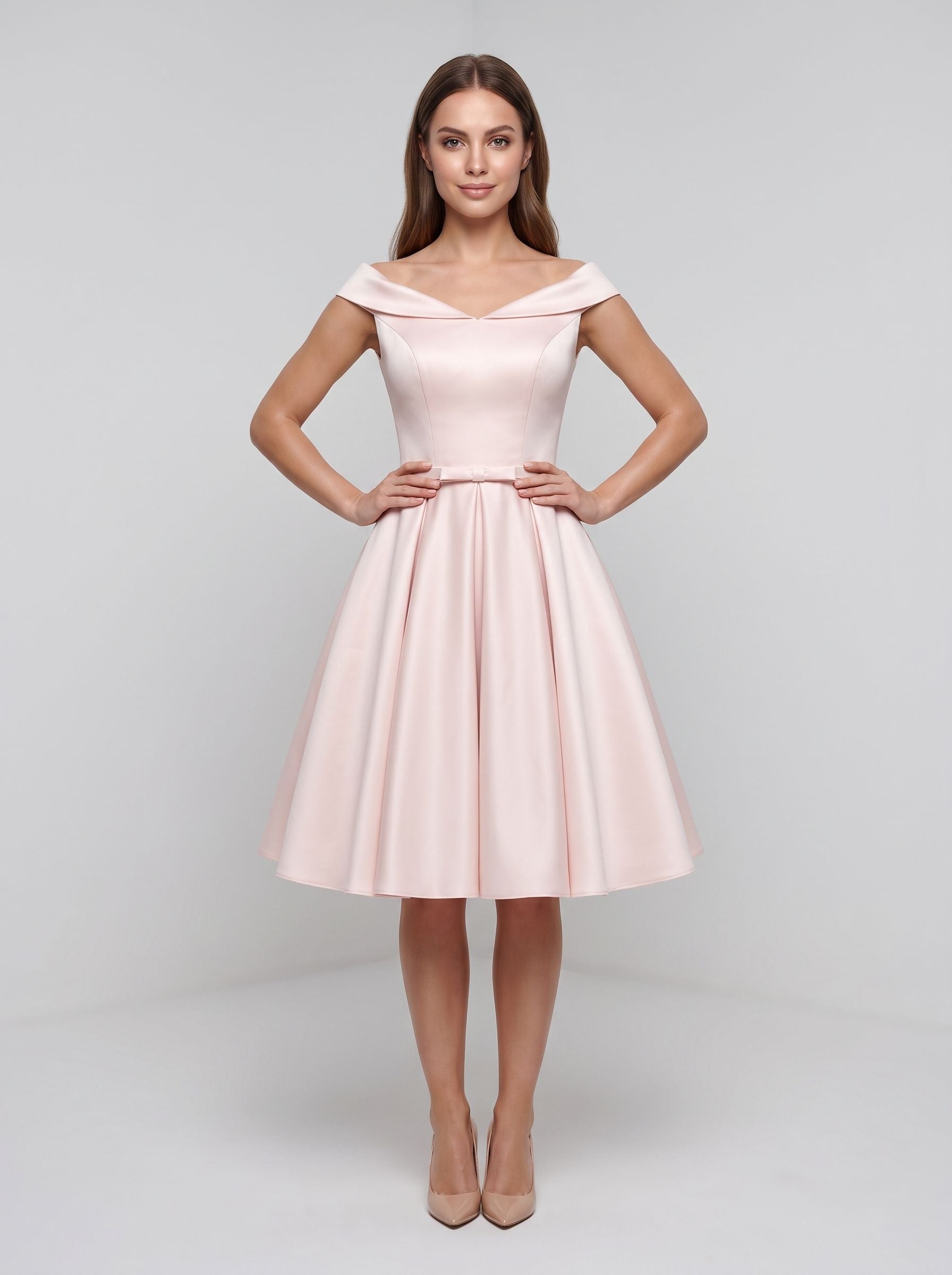 Blushing Pink Satin A-Line V-Neck Lace-up short Dress with Pleated Skirt with Side Pockets