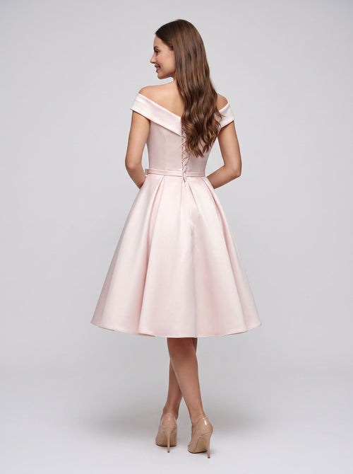 Blushing Pink Satin A-Line V-Neck Lace-up short Dress with Pleated Skirt with Side Pockets