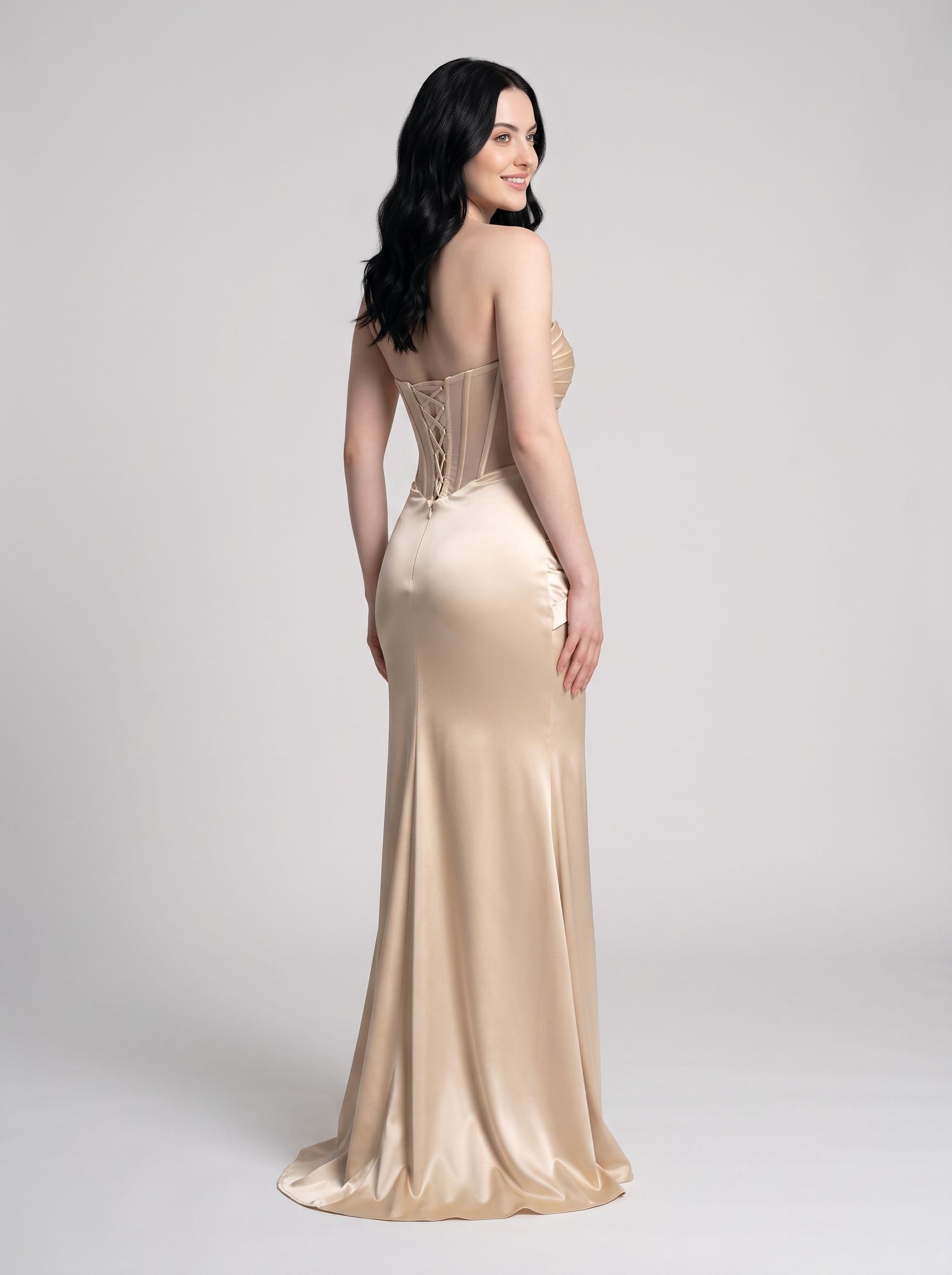 Champagne Satin Mermaid Sweetheart Corset Back Floor-Length Dress with Diagonal Hip Ruching