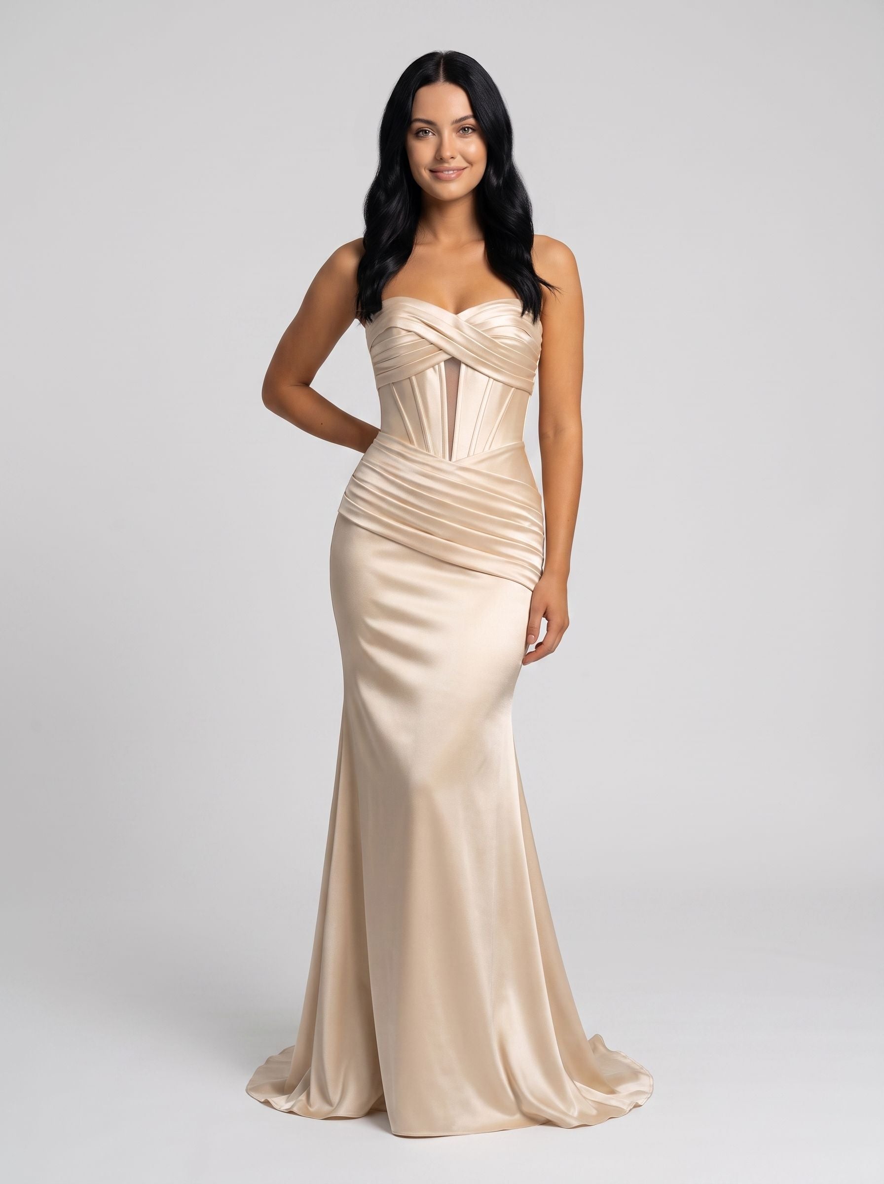 Champagne Satin Mermaid Sweetheart Corset Back Floor-Length Dress with Diagonal Hip Ruching