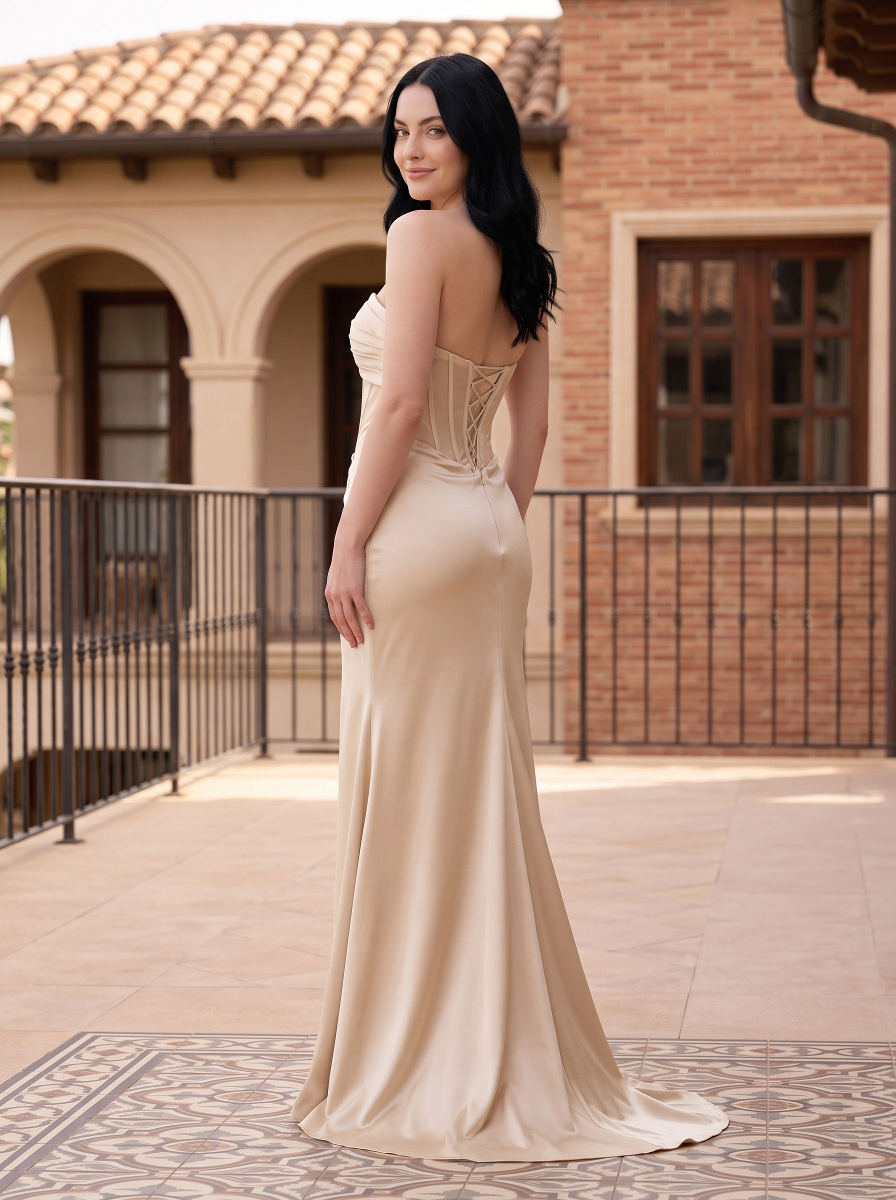 Champagne Satin Mermaid Sweetheart Corset Back Floor-Length Dress with Diagonal Hip Ruching