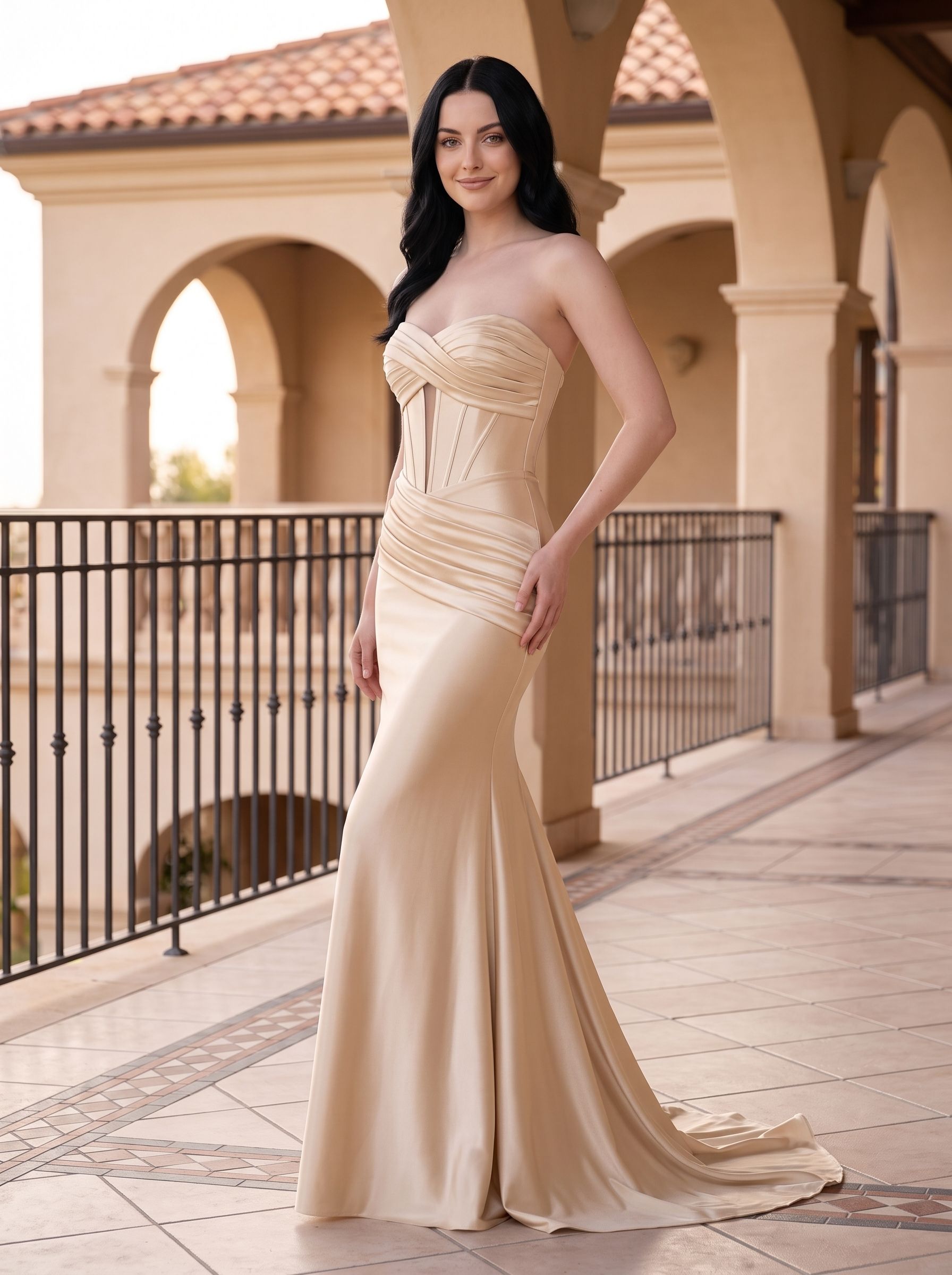 Champagne Satin Mermaid Sweetheart Corset Back Floor-Length Dress with Diagonal Hip Ruching