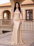 Champagne Satin Mermaid Sweetheart Corset Back Floor-Length Dress with Diagonal Hip Ruching