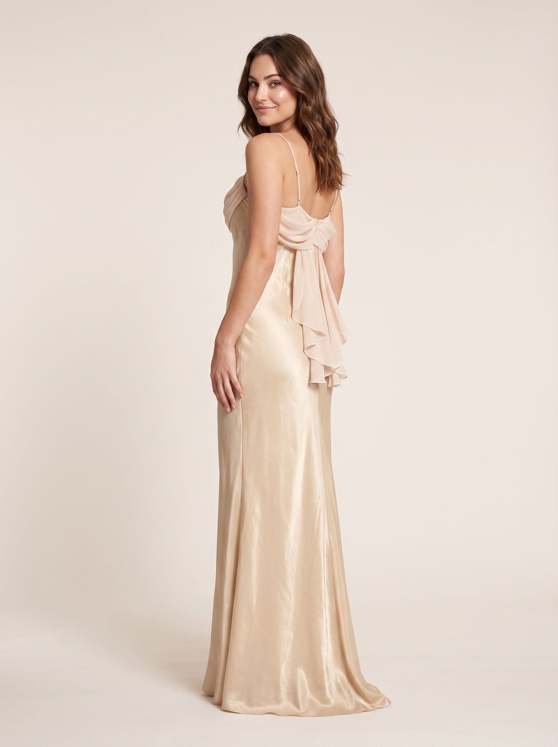 Champagne Satin Mermaid Cowl Neck Corset Back Floor-Length Dress with Pleated Bodice