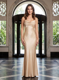 Champagne Satin Mermaid Cowl Neck Corset Back Floor-Length Dress with Pleated Bodice