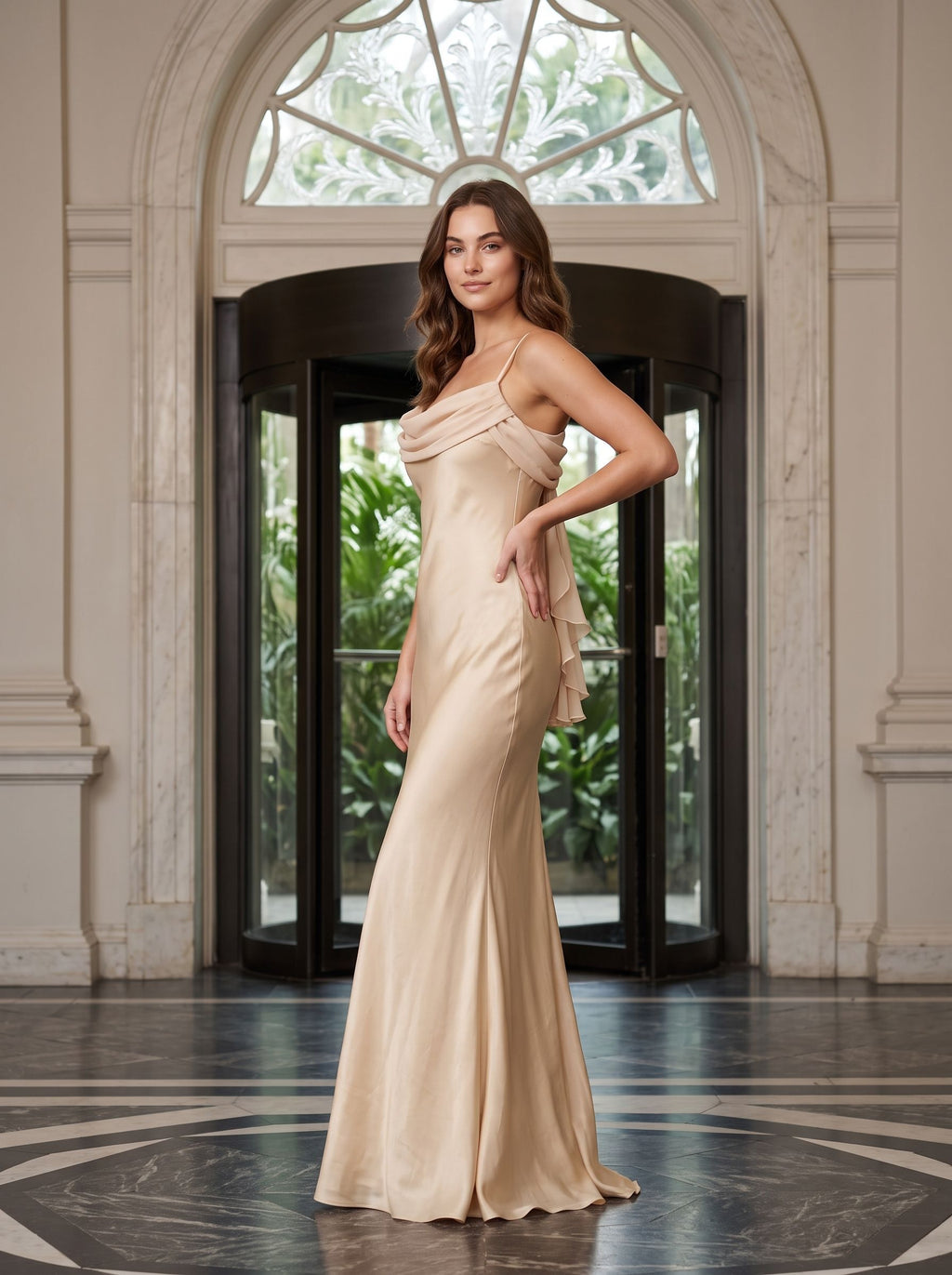 Champagne Satin Mermaid Cowl Neck Corset Back Floor-Length Dress with Pleated Bodice