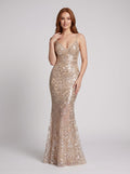 Sand Sequins Sheath V-Neck Back Zip Floor-Length Dress with Sheer Skirt Overlay