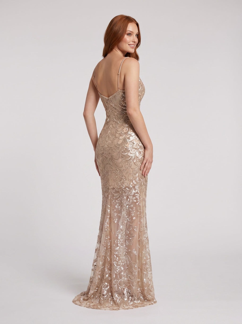 Sand Sequins Sheath V-Neck Back Zip Floor-Length Dress with Sheer Skirt Overlay