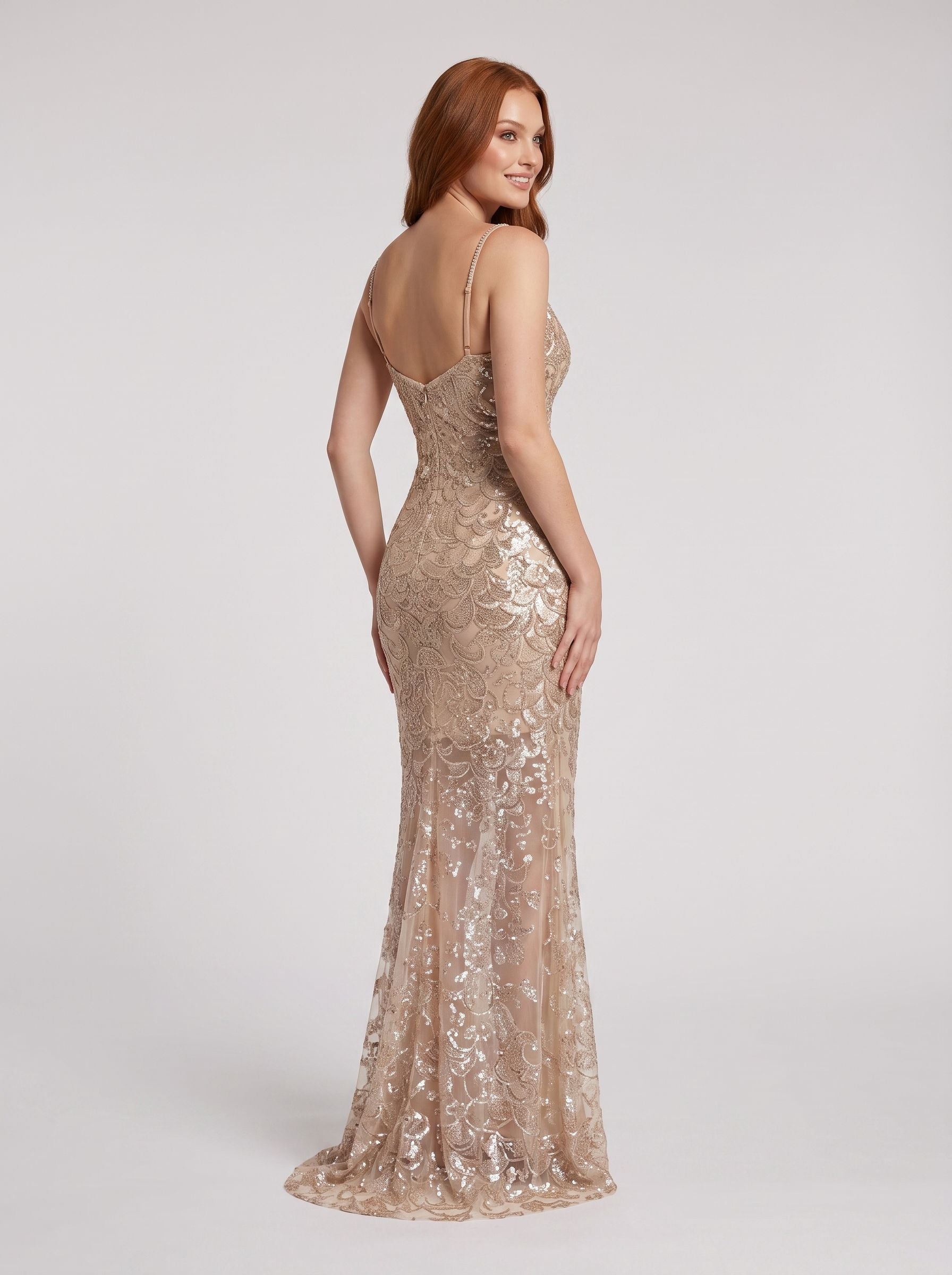Sand Sequins Sheath V-Neck Back Zip Floor-Length Dress with Sheer Skirt Overlay