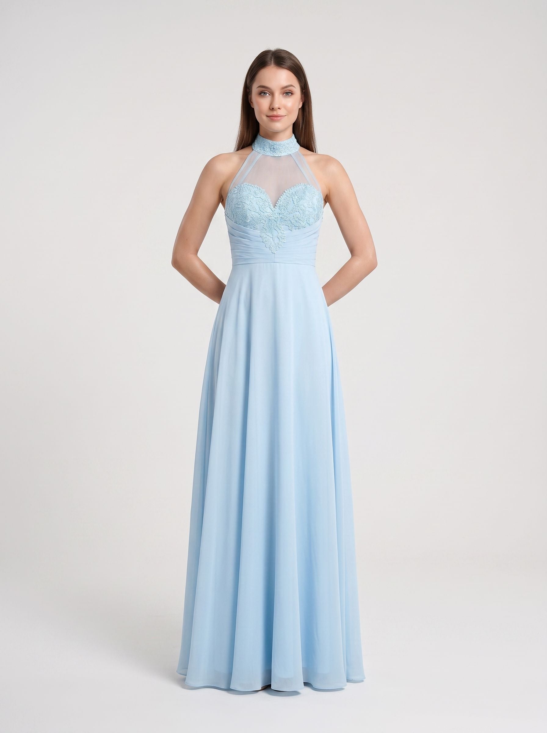 Sky Blue Chiffon  A-Line Sweetheart Illusion Floor-Length Dress with Beaded Neck